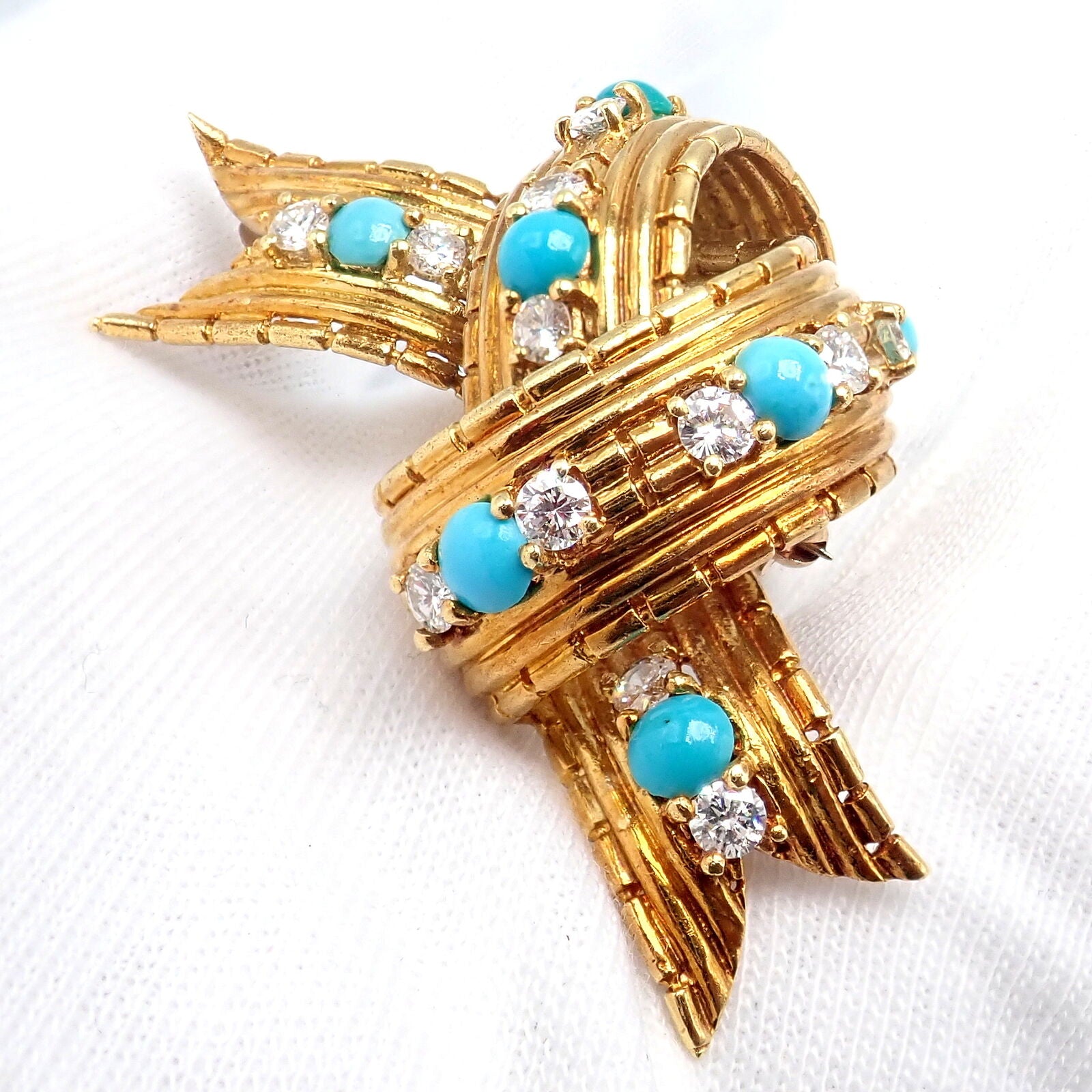 Vintage Tiffany & Co. 18k Yellow Gold Diamond Turquoise Bamboo Bow Pin Brooch | Fortrove