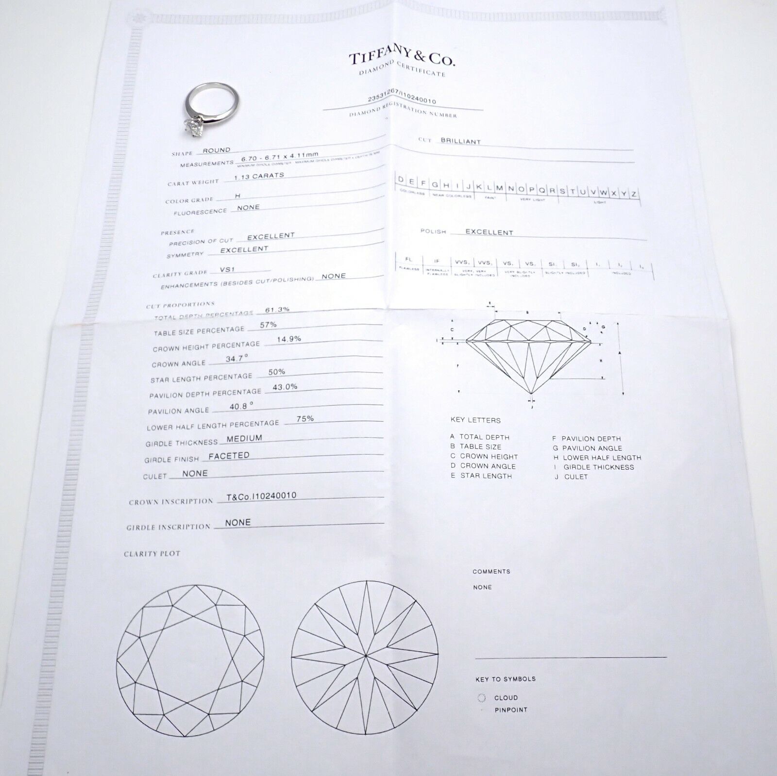 Authentic! Tiffany & Co. Platinum 1.13ct Diamond H VS1 XXX Engagement Ring Cert | Fortrove