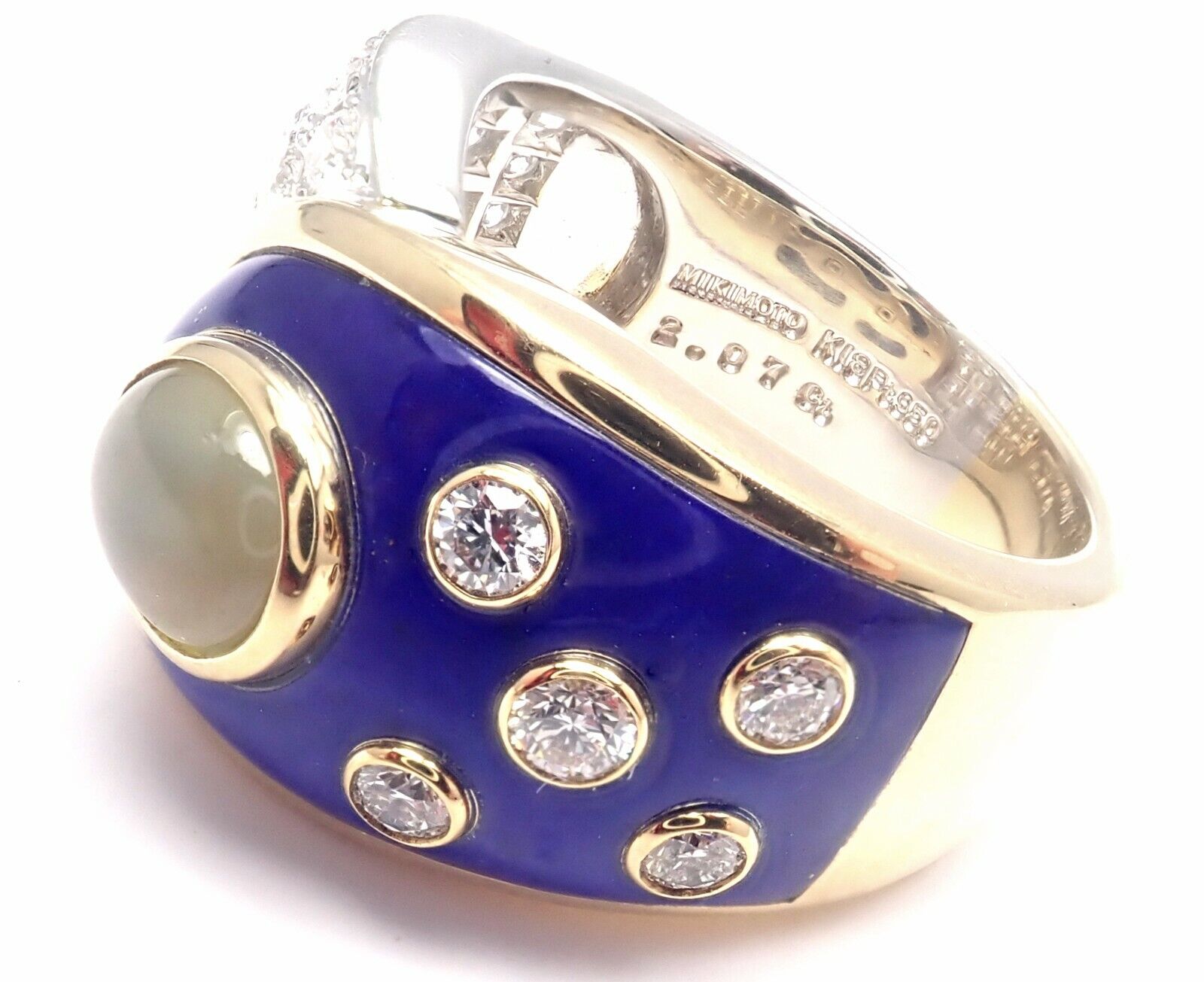 Rare! Authentic Mikimoto Platinum & 18k Gold Diamond Cats Eye Enamel Band Ring | Fortrove