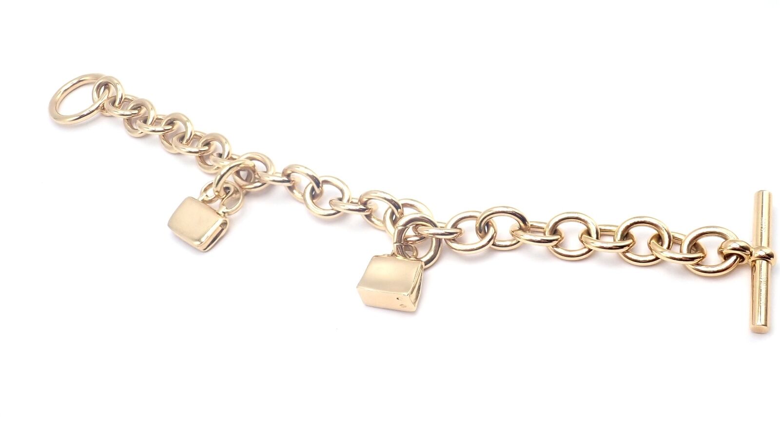 Authentic! Hermes 18k Yellow Gold Heavy Link Toggle With Two Charms Bracelet | Fortrove