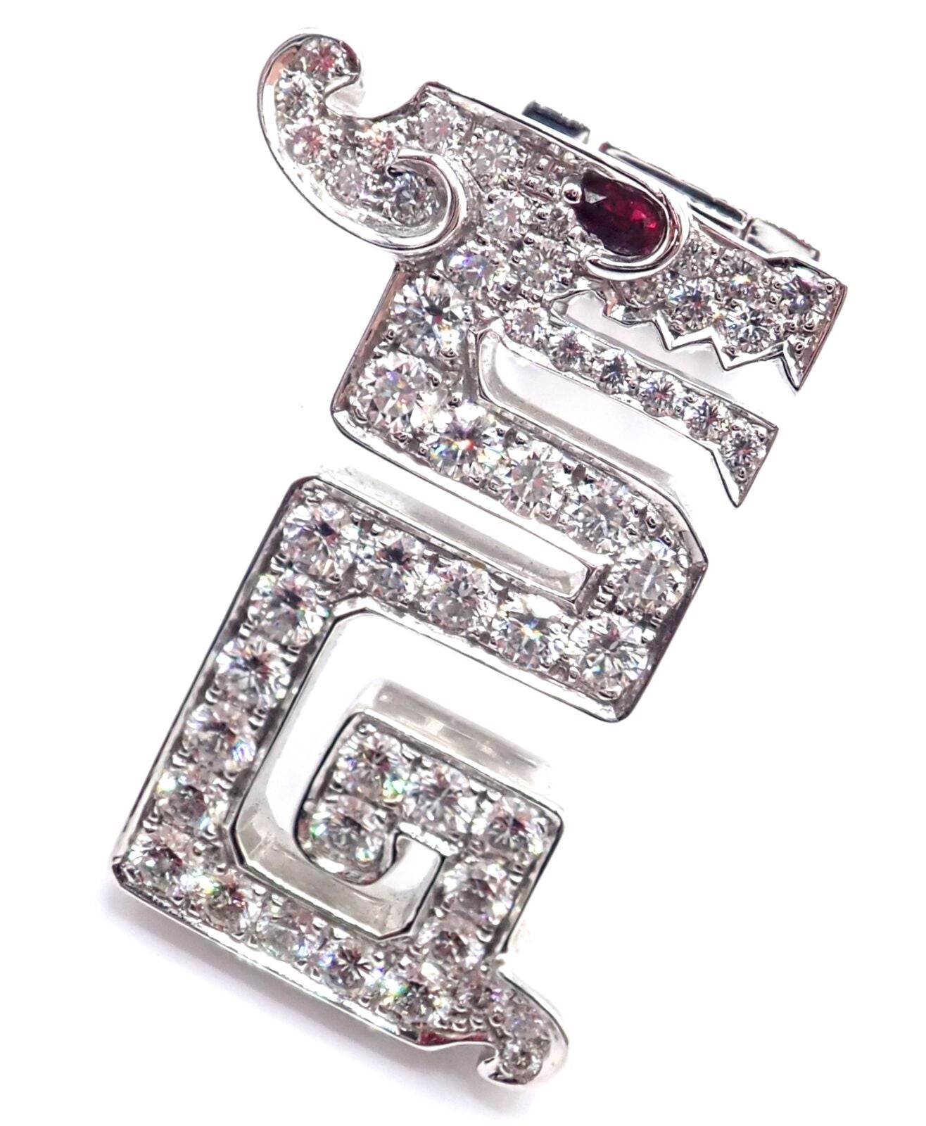 Authentic! Cartier Le Baiser Du Dragon 18k White Gold Diamond Ruby Pin Clip | Fortrove