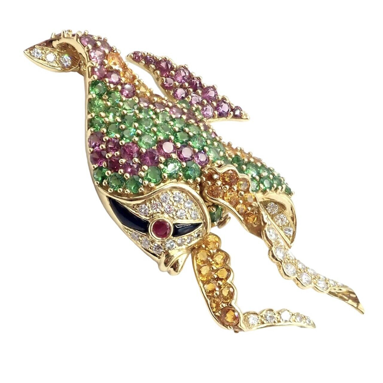 Authentic! Rare Jean Vitau 18k Yellow Gold Diamond Color Stone Angel Fish Brooch | Fortrove