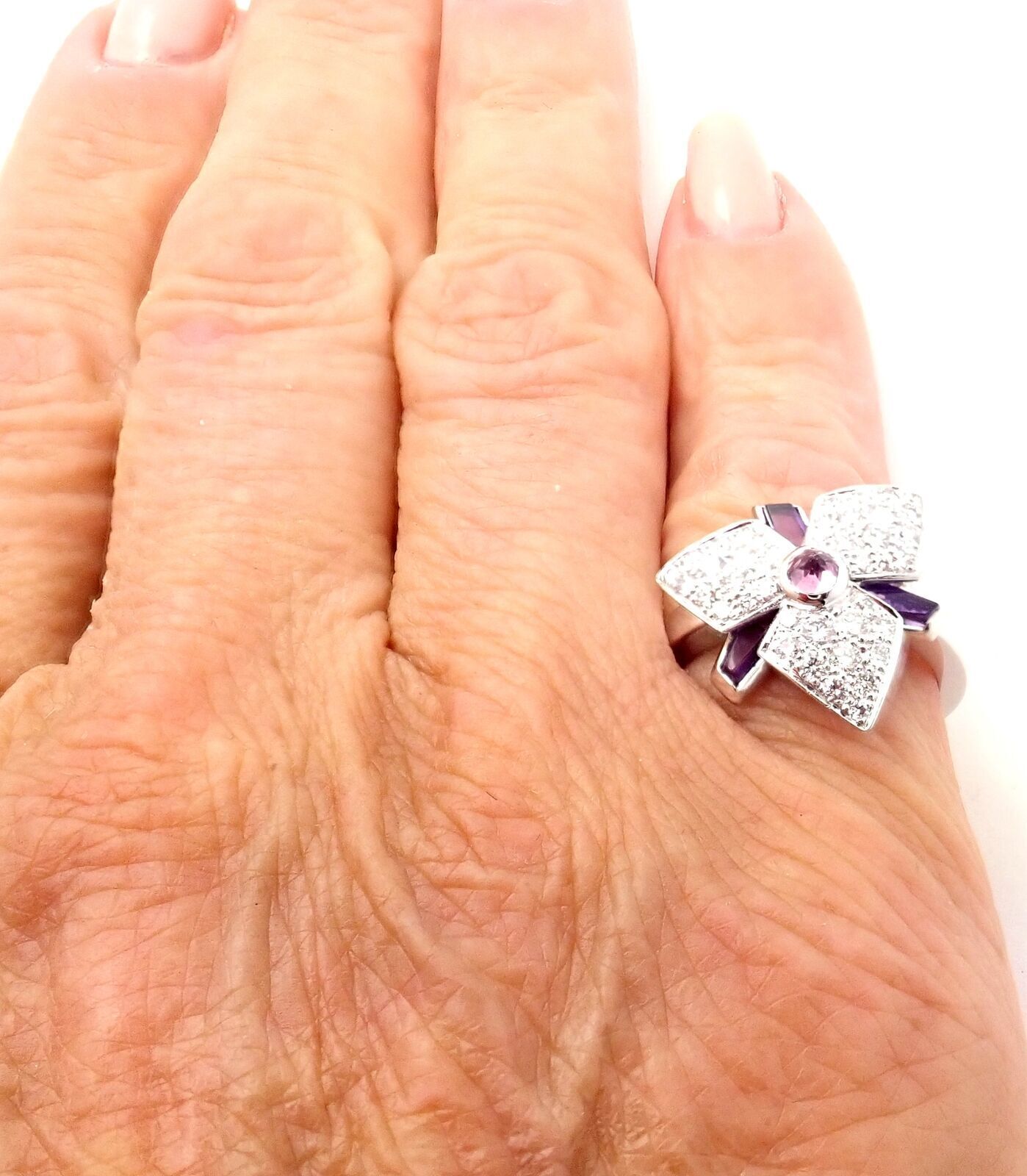 Cartier Caresse D'orchidées Orchid Flower 18k White Gold Diamond Amethyst Ring | Fortrove