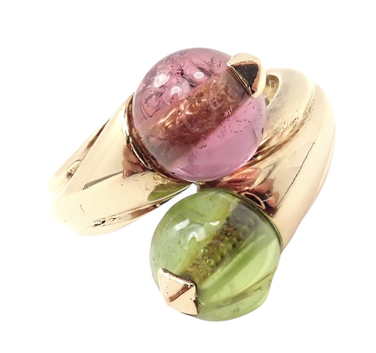 Vintage Bulgari Bvlgari 18k Yellow Gold Pink + Green Tourmaline Bypass Ring | Fortrove