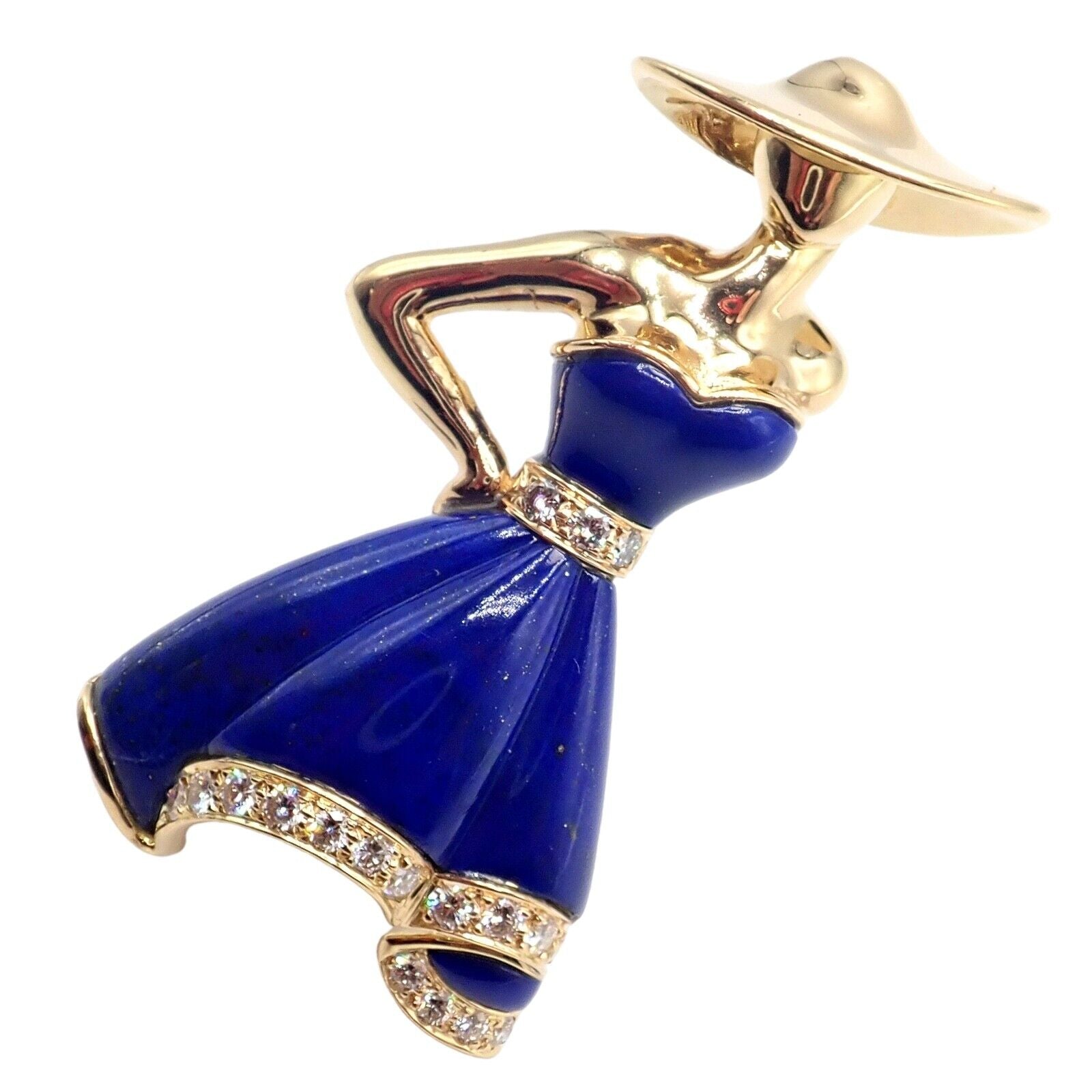Authentic! Christian Dior 18k Yellow Gold Diamond Lapis Lady Dior Brooch Pendant | Fortrove
