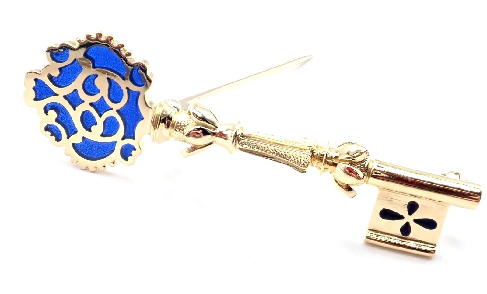 Rare! Authentic Vintage Mikimoto 18k Yellow Gold Key Blue Enamel Brooch Pin | Fortrove