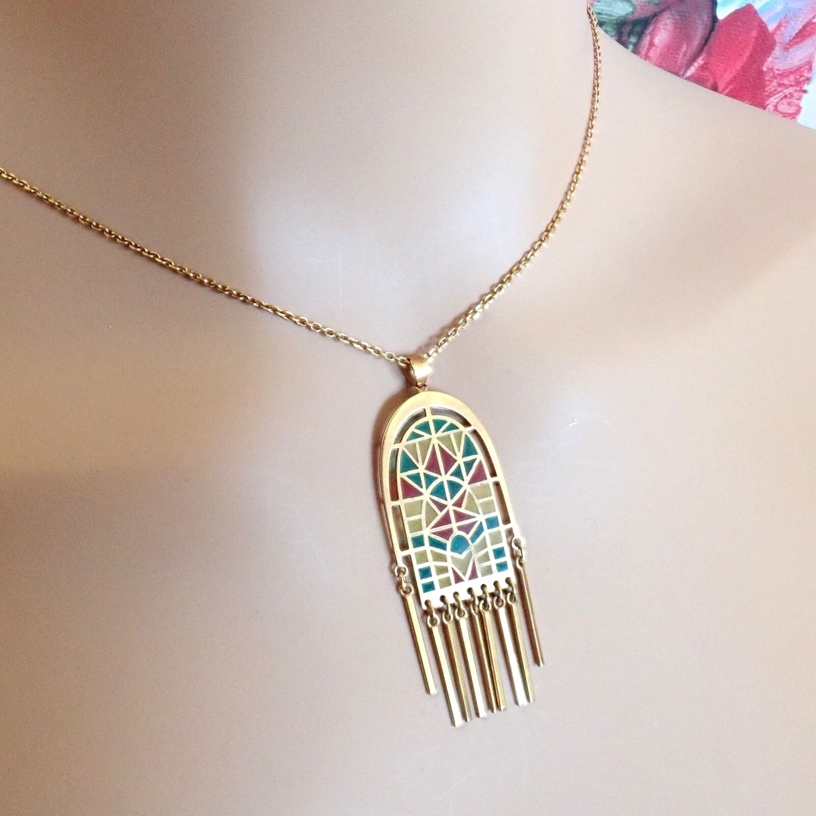Authentic! Mikimoto 18k Yellow Gold Stained Glass Window Pendant Necklace | Fortrove