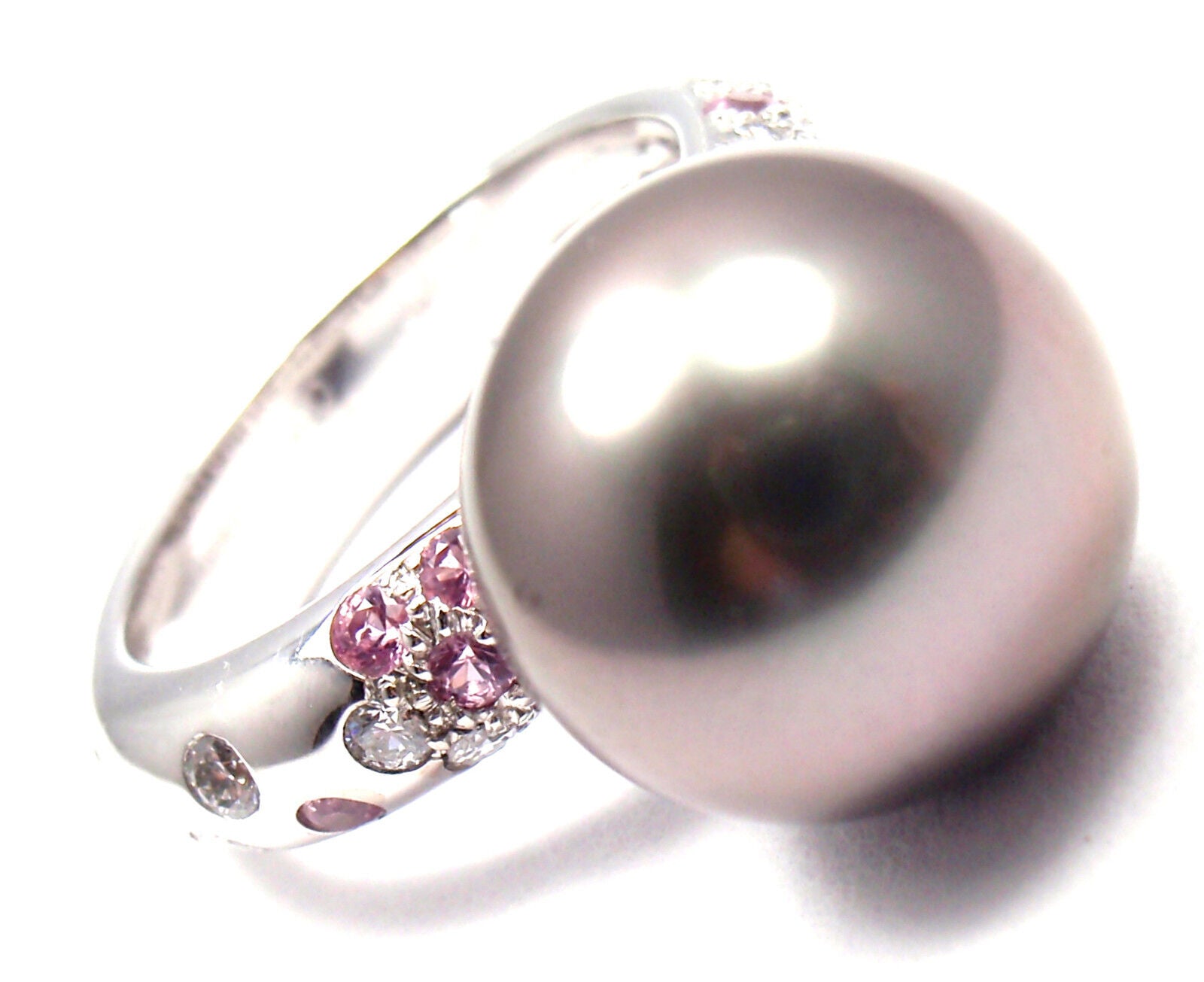 Authentic! Cartier 18K White Gold Tahitian Pearl Diamond Pink Sapphire Ring | Fortrove