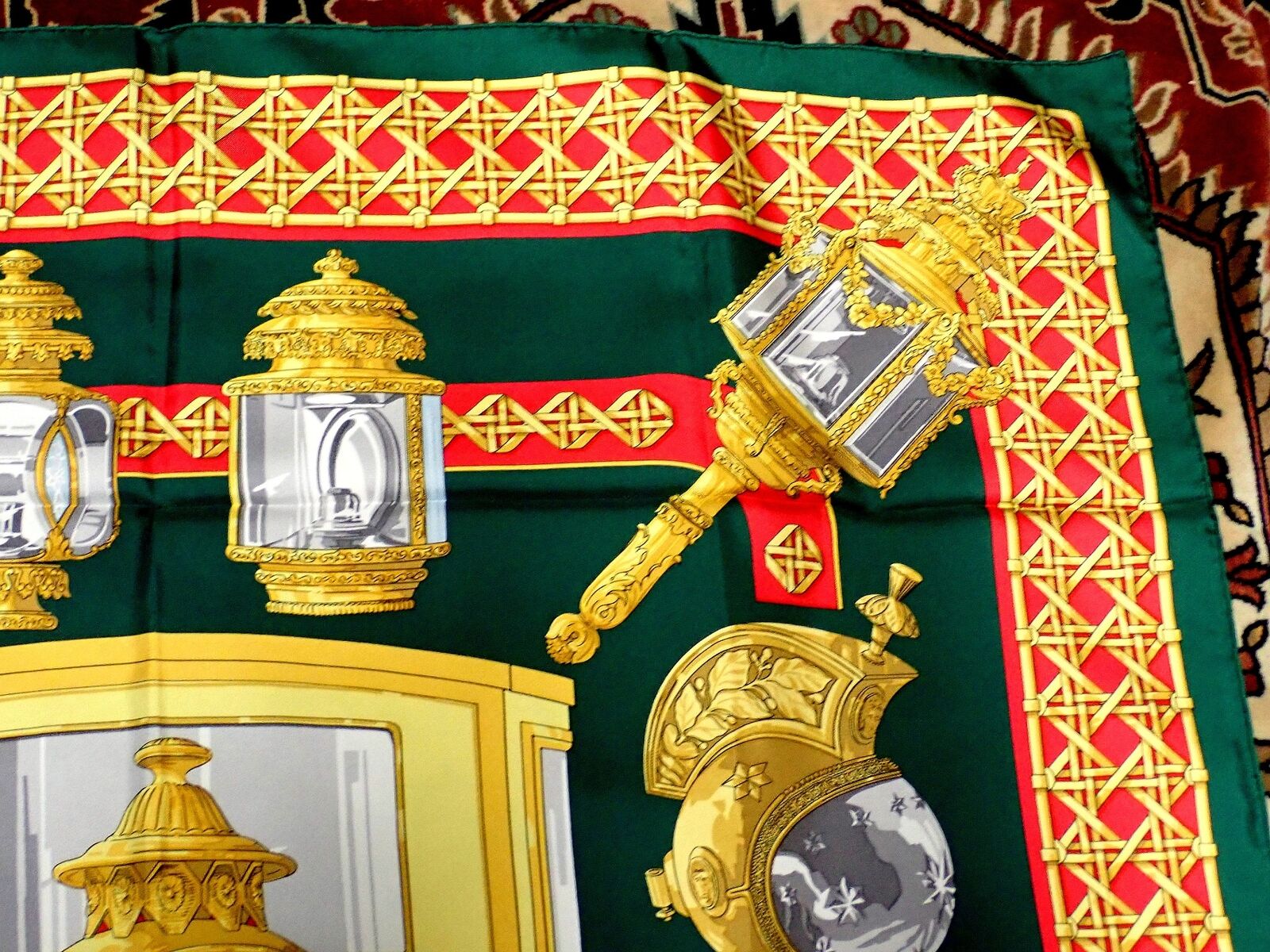 Authentic RARE! Hermes Feux De Route Vintage 90cm Green Red Silk Scarf | Fortrove