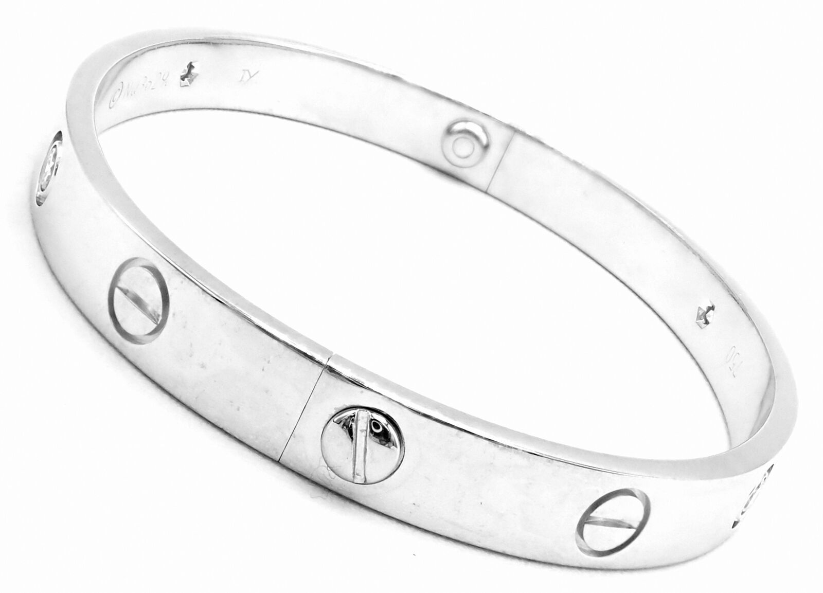 Authentic! Cartier 18k White Gold 4 Diamond Love Bangle Bracelet Size 17 Cert. | Fortrove