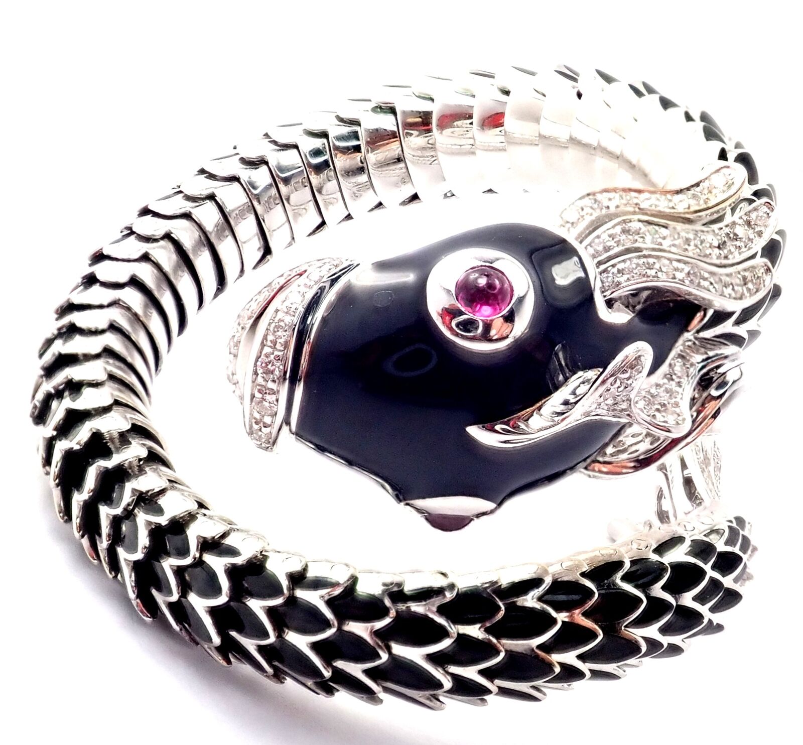 Authentic! Roberto Coin Nemo 18k White Gold Diamond Ruby Enamel Cuff Bracelet | Fortrove