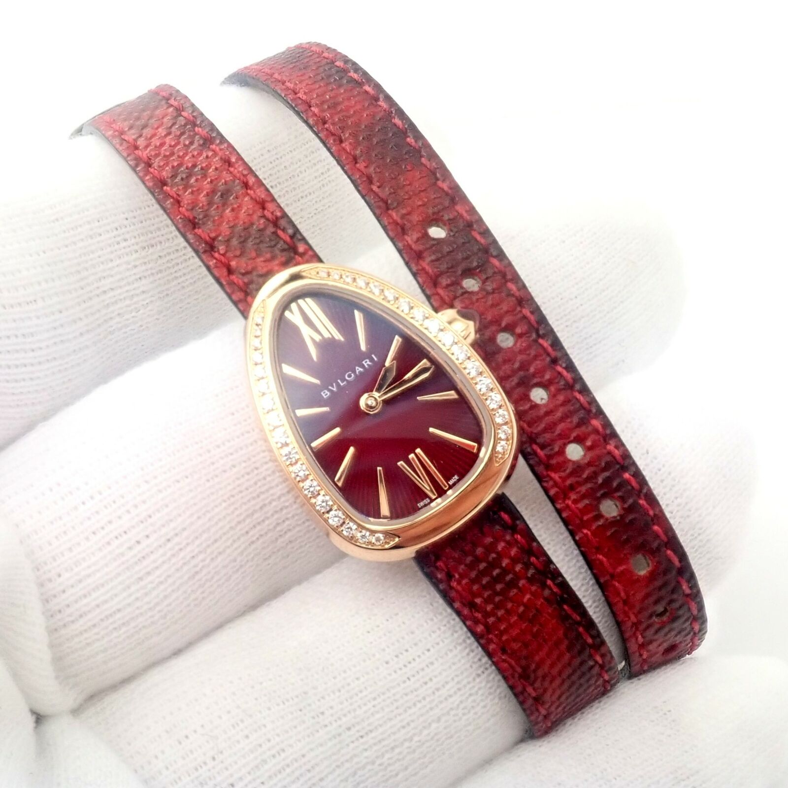 Bulgari 18k Rose Gold Diamond Tubogas Red Serpenti Snake Watch + Band + Tool | Fortrove