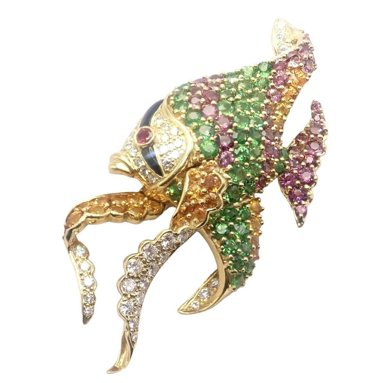 Authentic! Rare Jean Vitau 18k Yellow Gold Diamond Color Stone Angel Fish Brooch | Fortrove