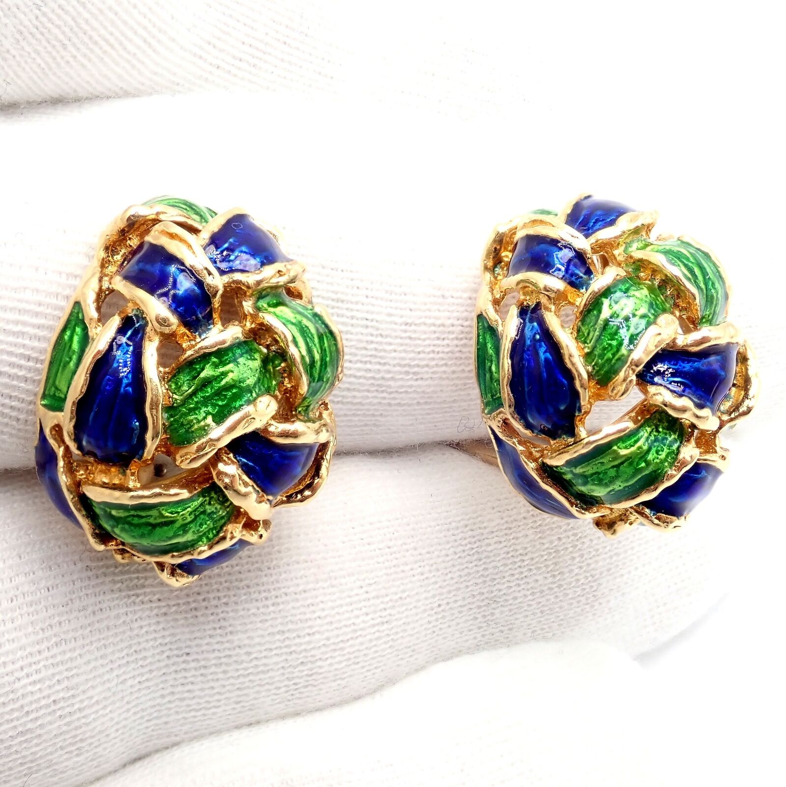 Vintage Tiffany & Co Green Blue Enamel 18k Yellow Gold Basket Weave Earrings | Fortrove