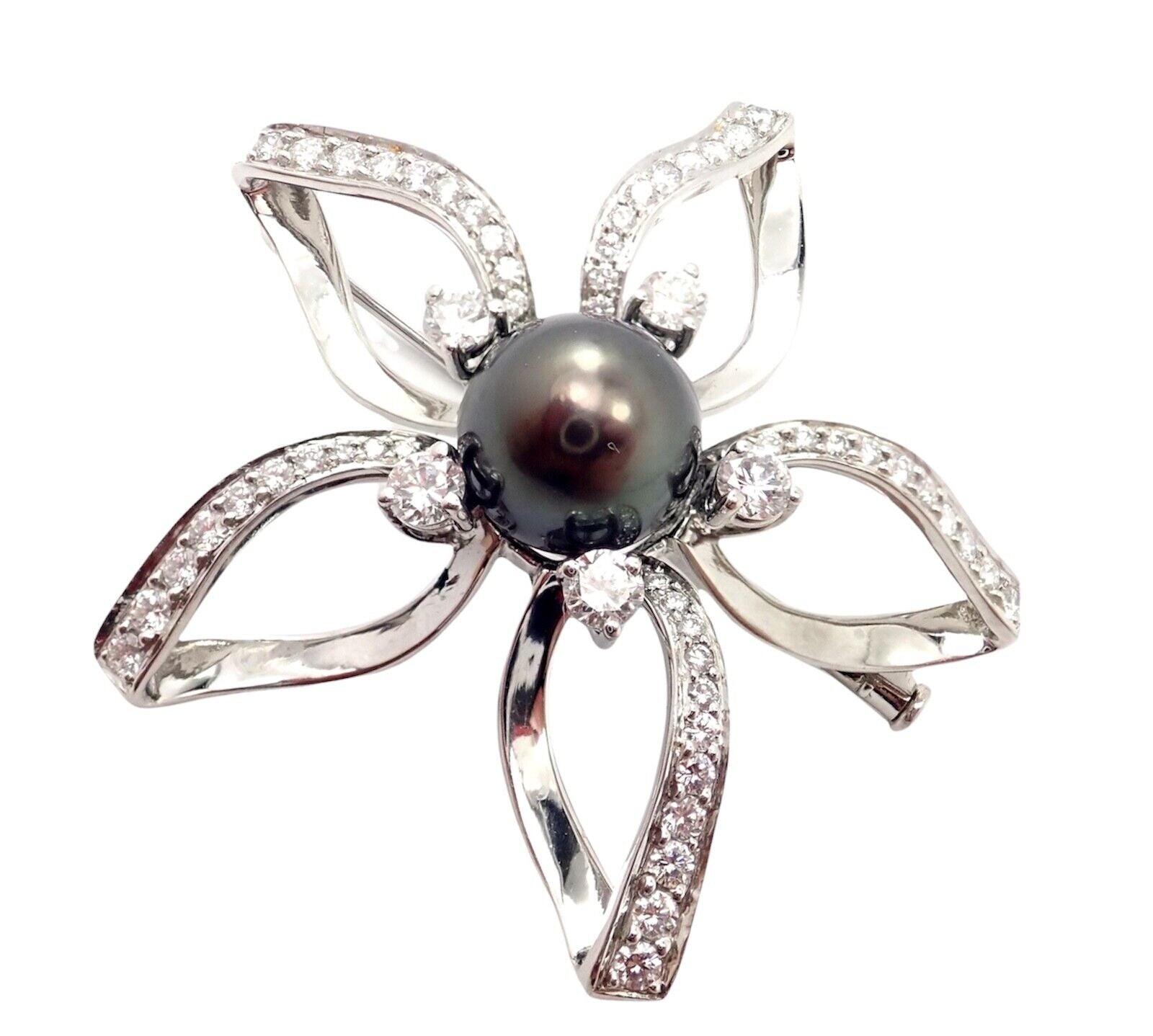 Rare! Authentic Mikimoto Platinum Diamond Tahitian South Sea Pearl Brooch Pin | Fortrove