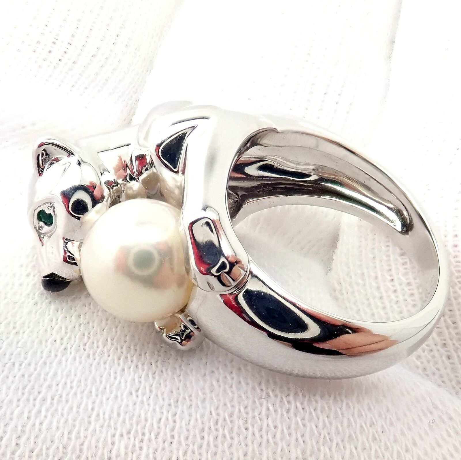 Authentic! Cartier 18k White Gold Panther Panthere Onyx Tsavorite Pearl Ring | Fortrove
