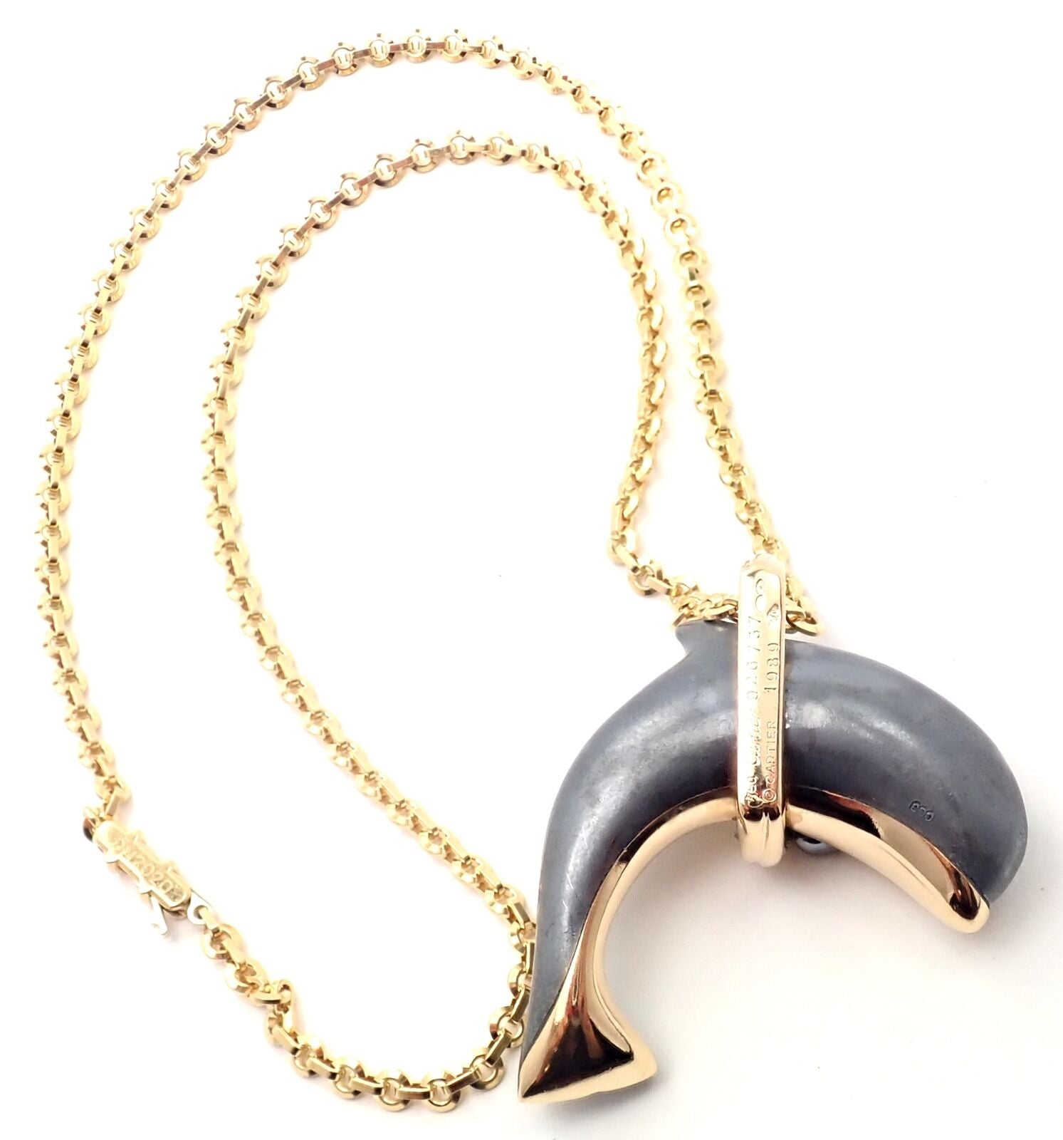 Rare! Authentic Cartier 18k Yellow Gold Hematite Dolphin Pendant Link Necklace | Fortrove