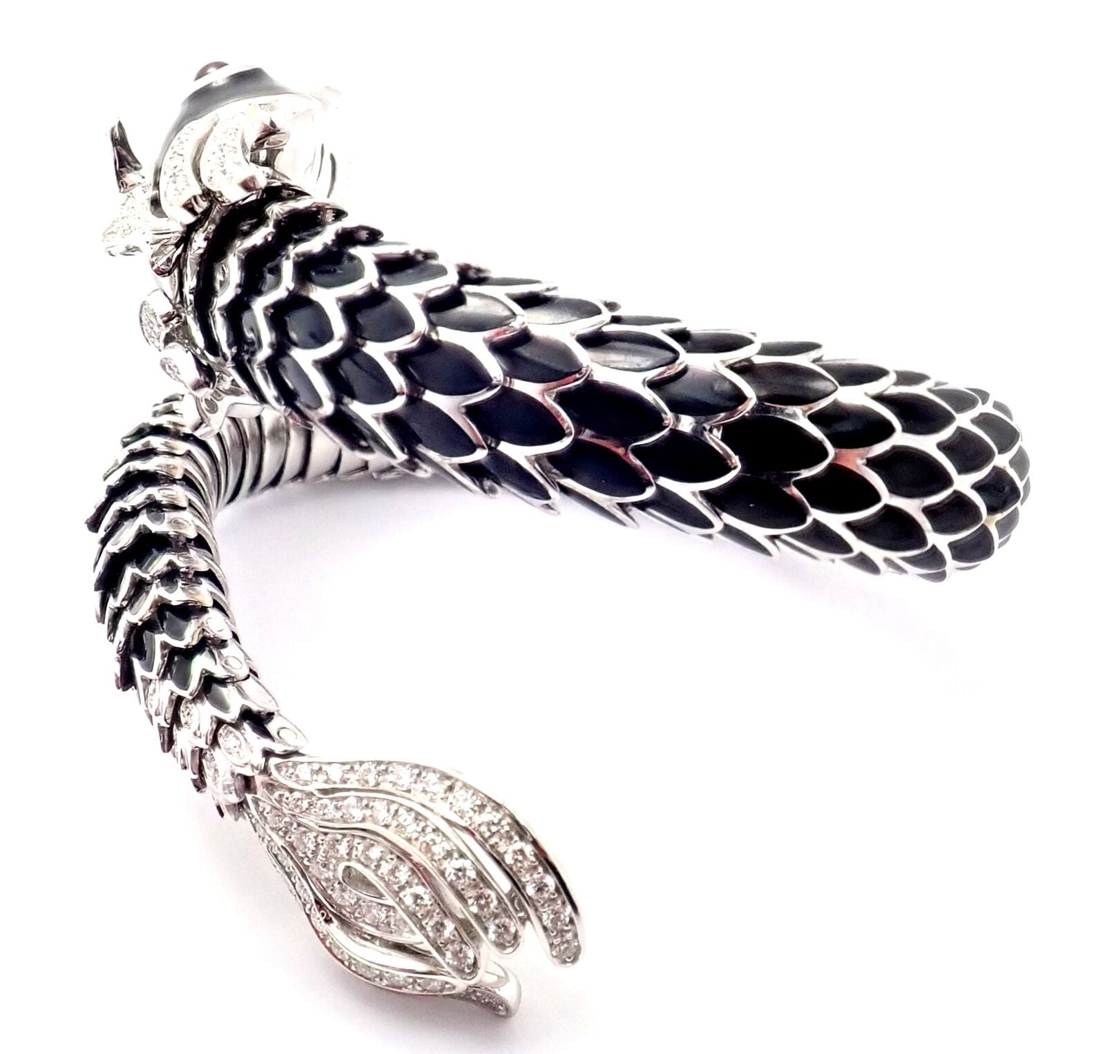 Authentic! Roberto Coin Nemo 18k White Gold Diamond Ruby Enamel Cuff Bracelet | Fortrove