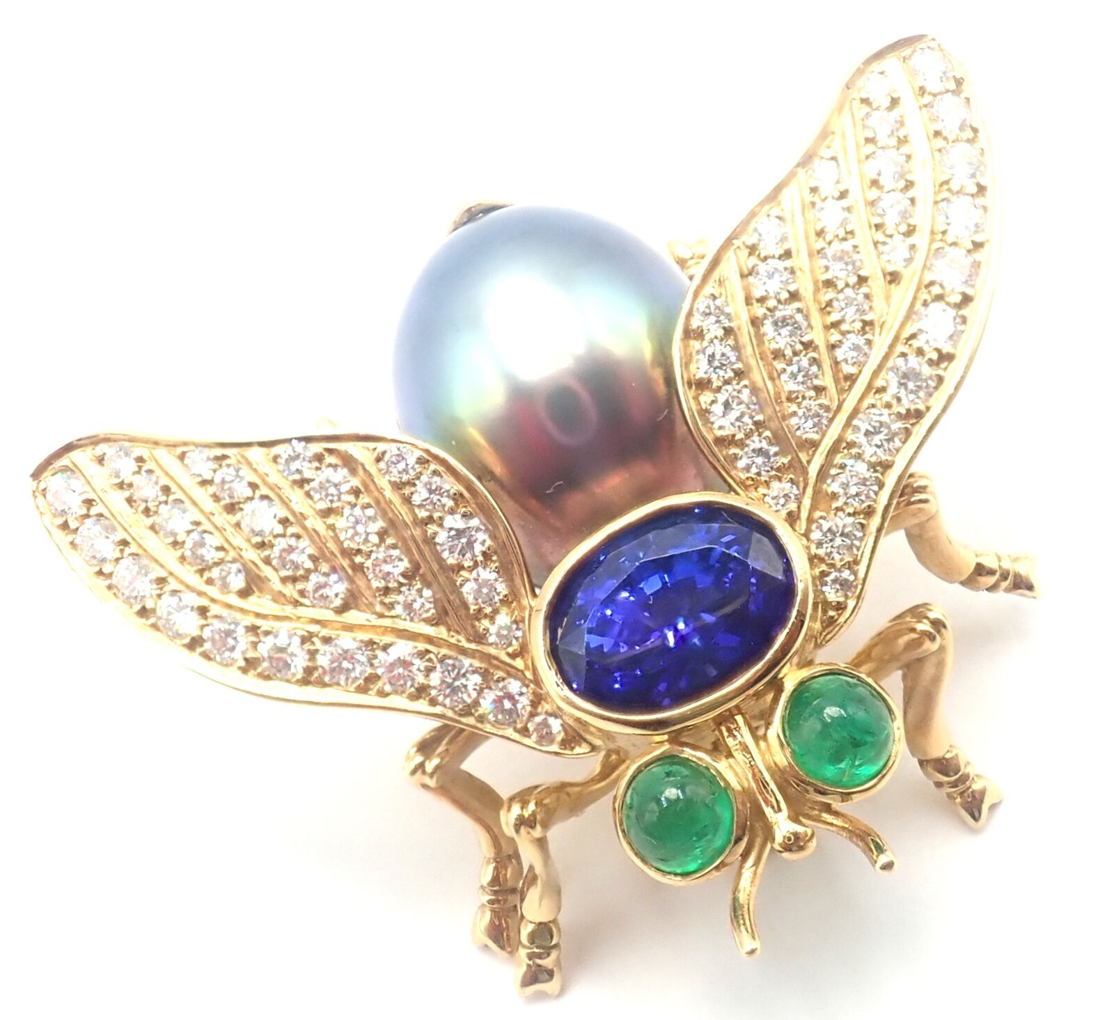 Tiffany & Co 18k Gold Diamond Tahitian Pearl Tanzanite Emerald Fly Pin Brooch | Fortrove