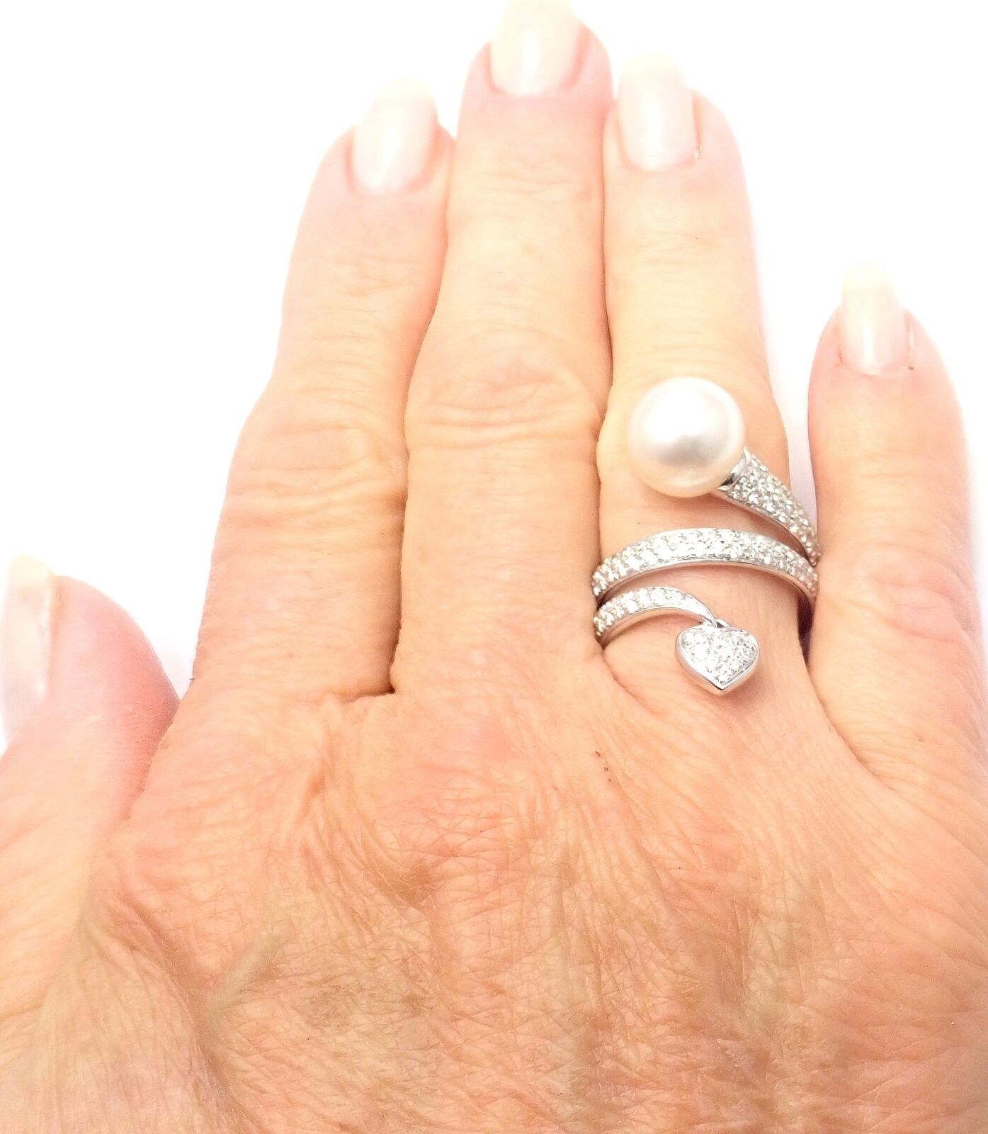 Rare! Authentic Mikimoto 18k White Gold Diamond South Sea Pearl Heart Ring Cert. | Fortrove