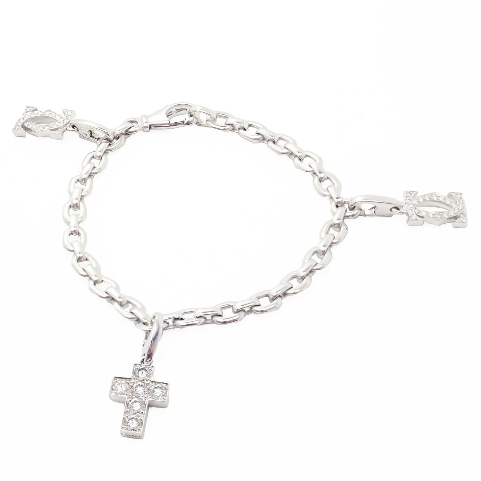 Authentic! Cartier 18k White Gold 3 Charm Bracelet with Diamond Cross Double C's | Fortrove