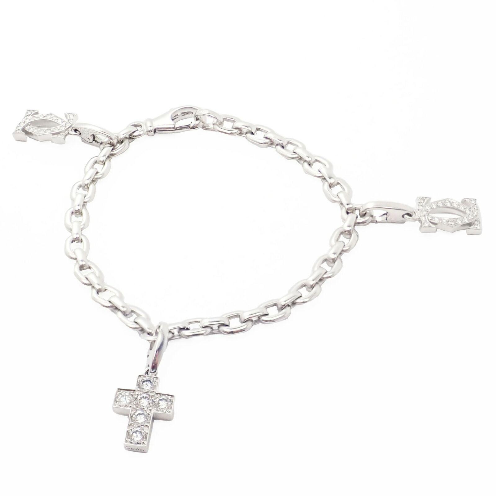 Cartier Jewelry & Watches:Fine Jewelry:Bracelets & Charms Authentic! Cartier 18k White Gold 3 Charm Bracelet with Diamond Cross Double C's