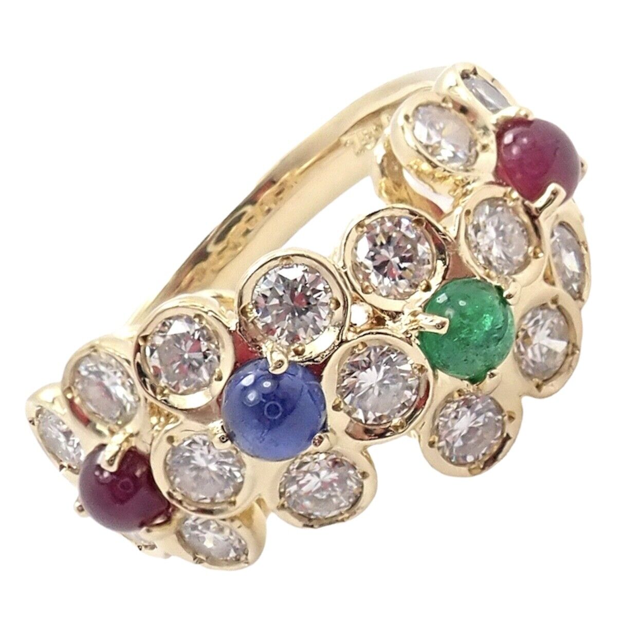 Rare! Authentic Christian Dior 18k Yellow Gold Ruby Emerald Diamond Flower Ring | Fortrove