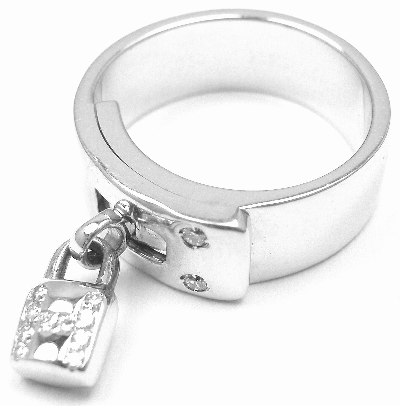 Authentic! Hermes 18k White Gold Diamond "H" Lock Band Ring Size 5 | Fortrove