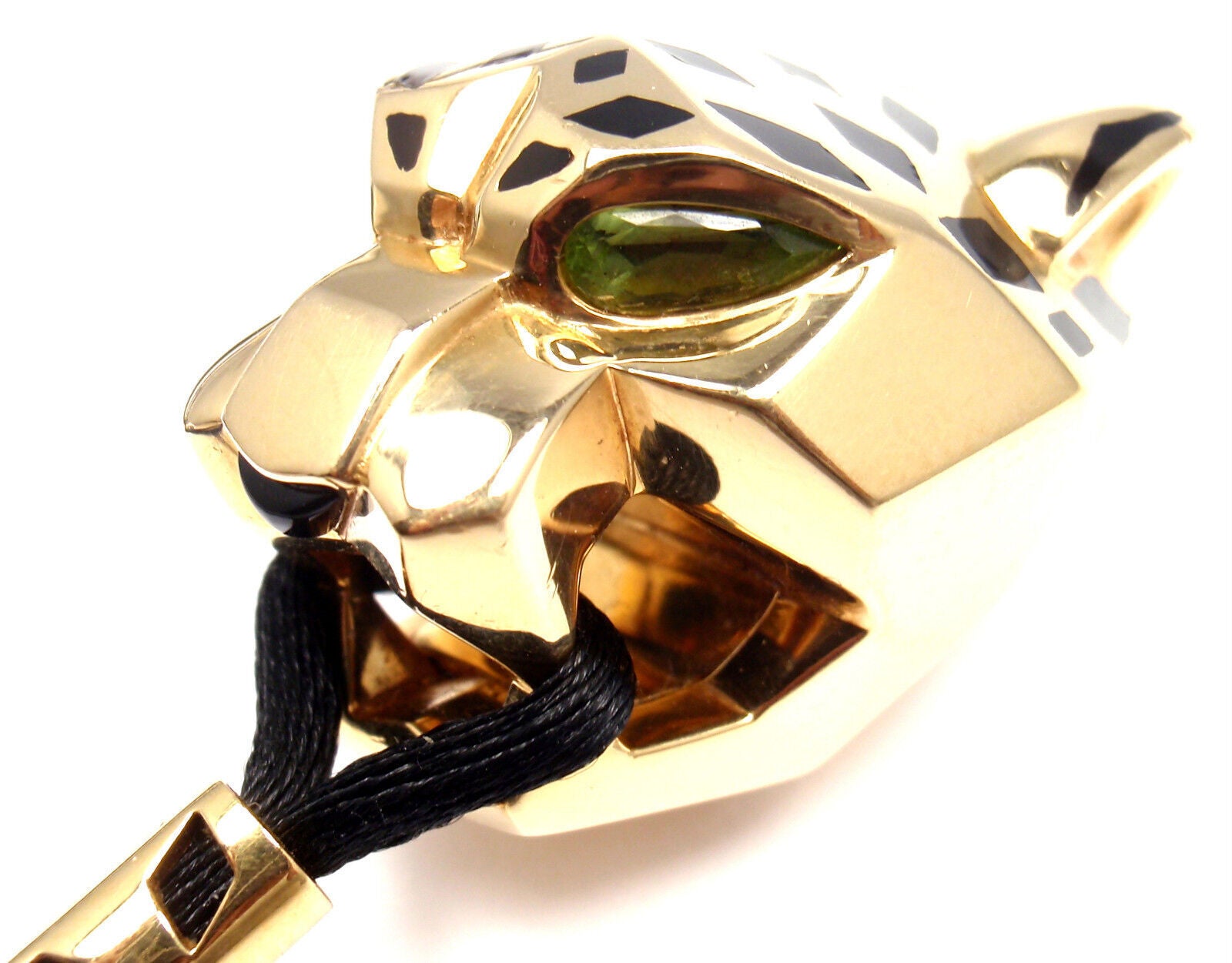 Authentic Cartier Panther Panthere 18k Yellow Gold Emerald Lacquer Cord Necklace | Fortrove