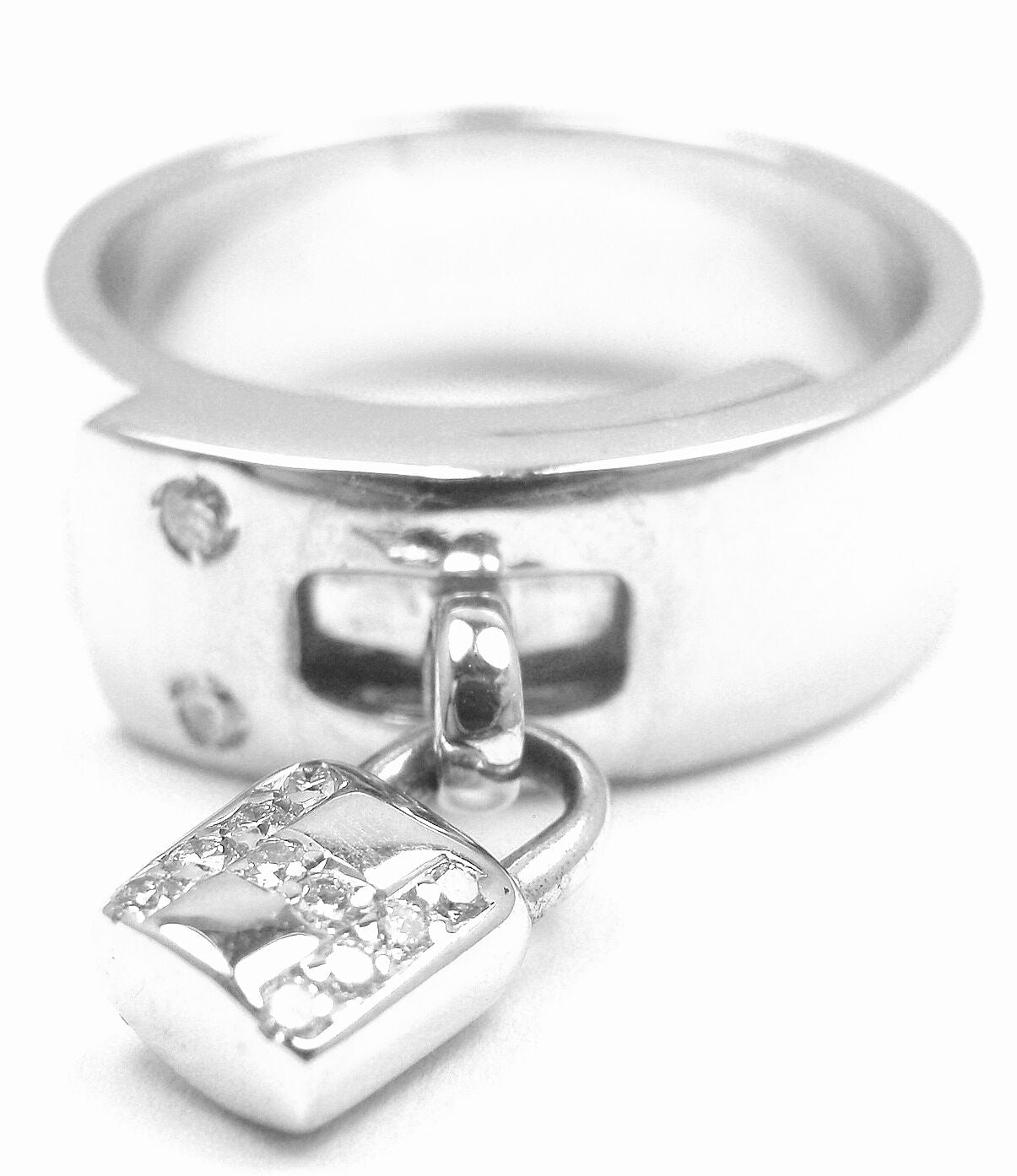 Authentic! Hermes 18k White Gold Diamond "H" Lock Band Ring Size 5 | Fortrove