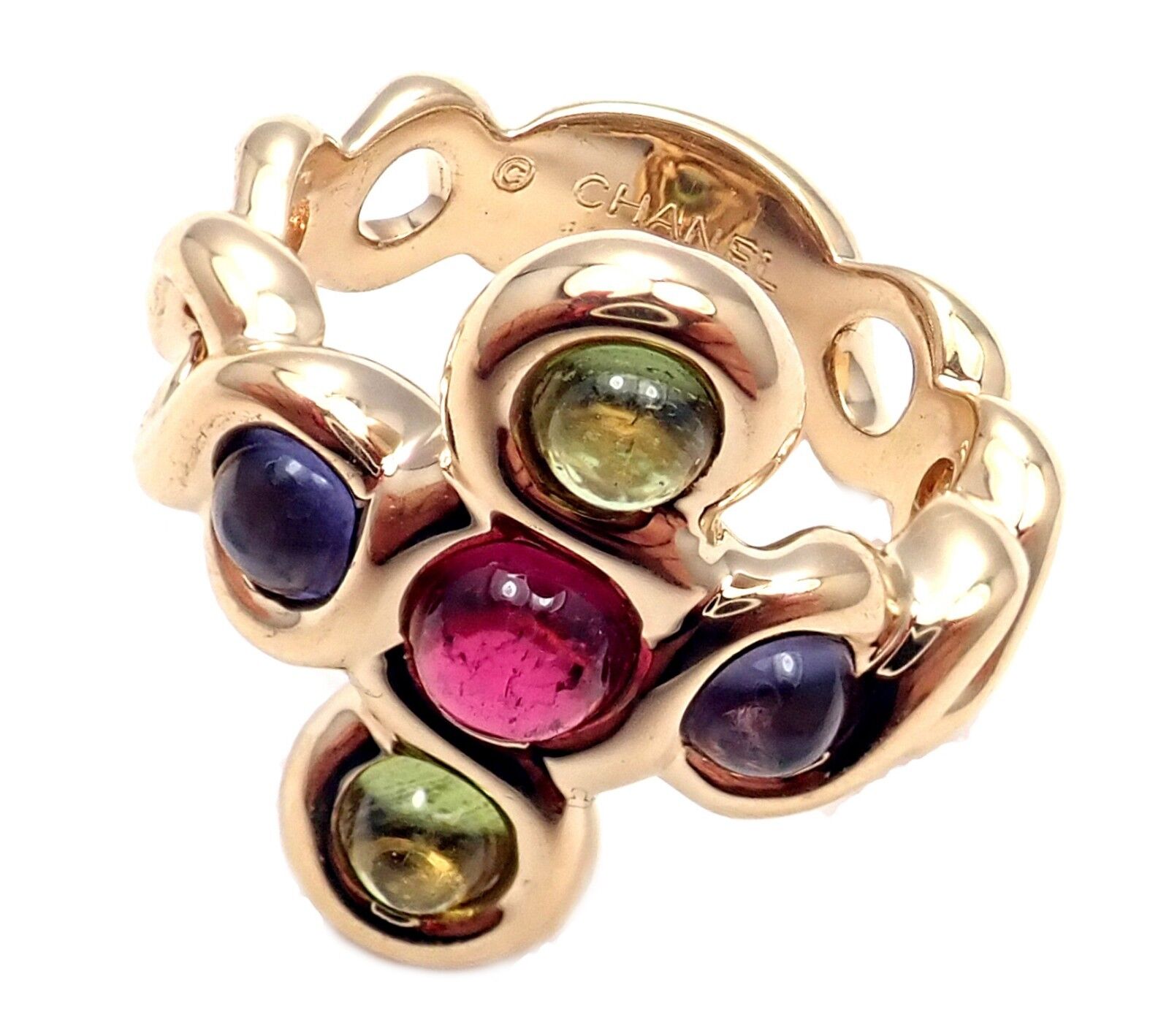 Authentic! Chanel 18k Yellow Gold Pink Green Tourmaline Ring sz 4.5 | Fortrove