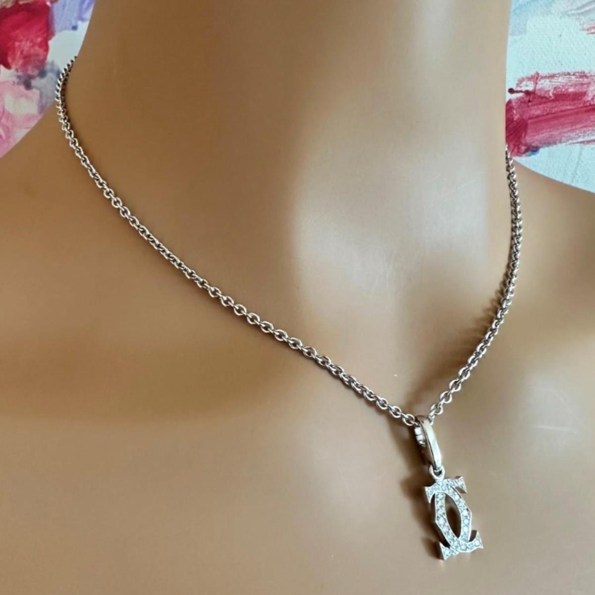 Authentic! Cartier Double C 18k White Gold Diamond Pendant Necklace | Fortrove