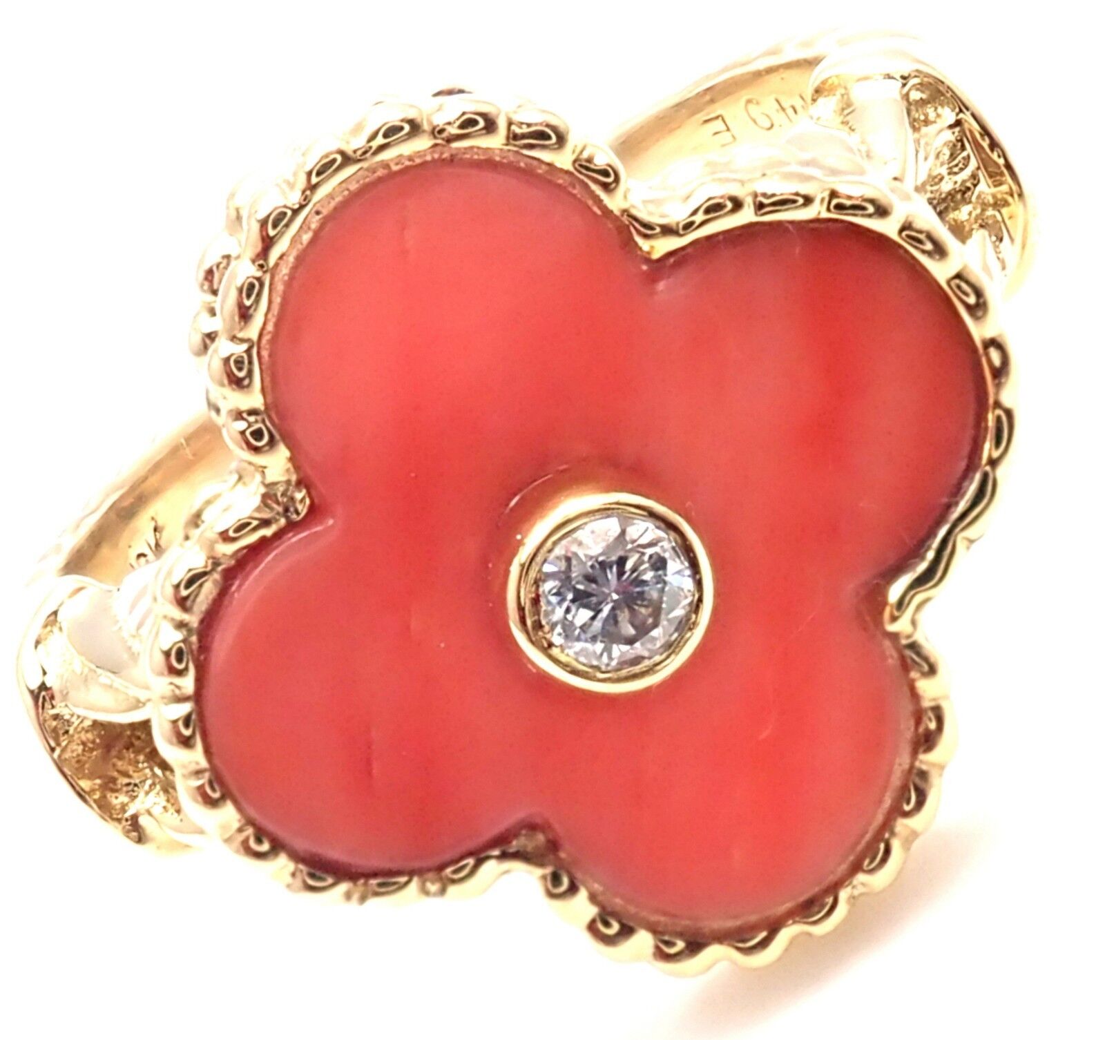 Rare! Authentic Van Cleef & Arpels Alhambra 18k Yellow Gold Coral Diamond Ring | Fortrove
