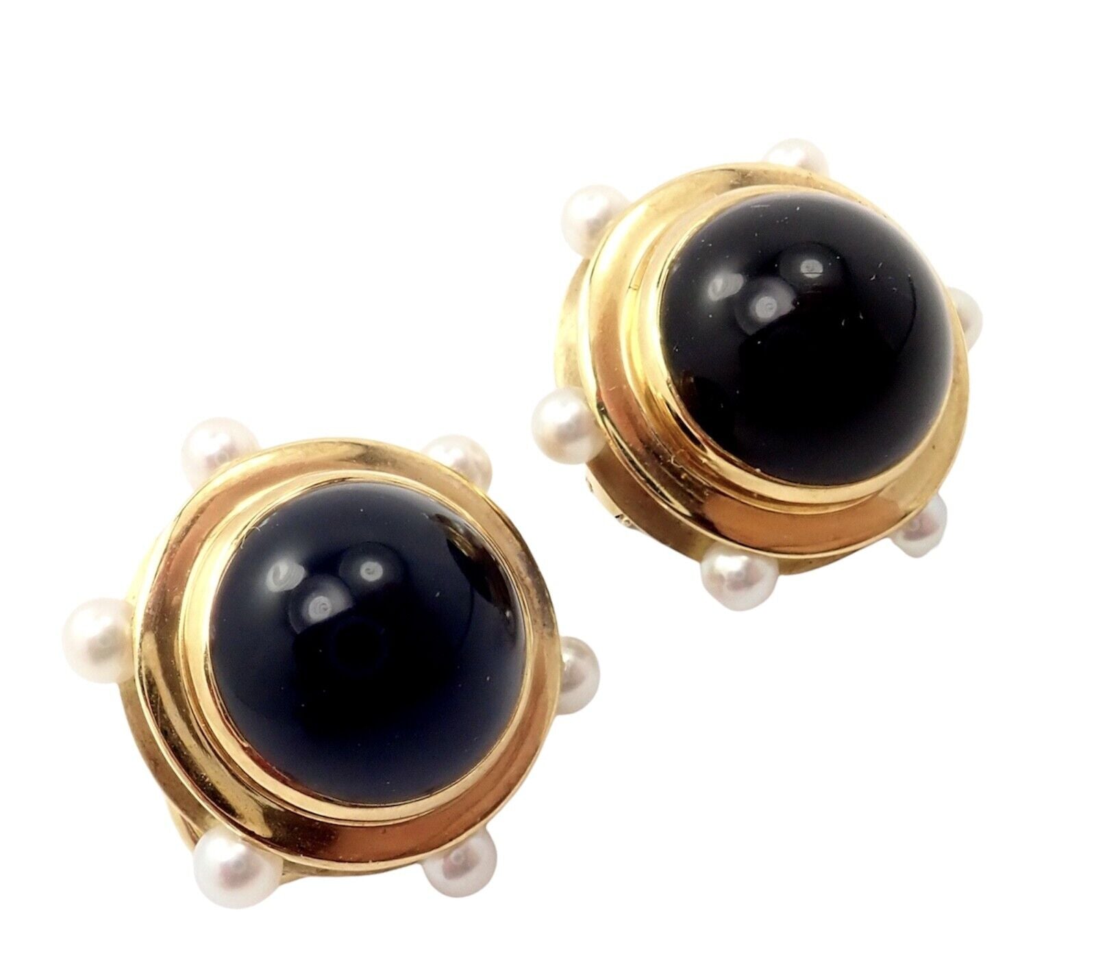 Vintage Authentic Rare Tiffany & Co. 18k Yellow Gold Pearl Onyx Earrings | Fortrove