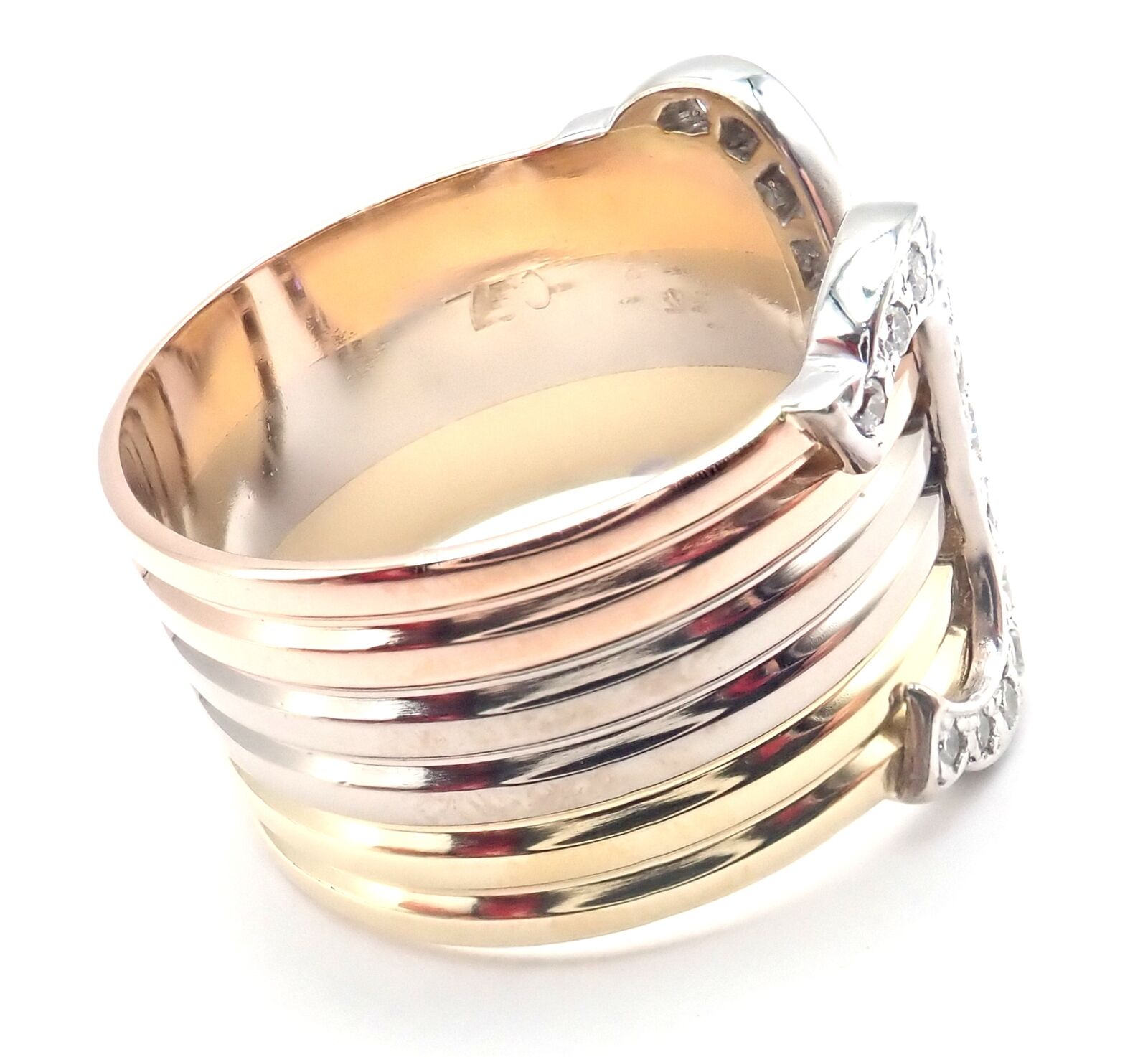 Authentic! Cartier Diamond Double C 18k Tri-Color Gold Band Ring Size 54 US 6.75 | Fortrove