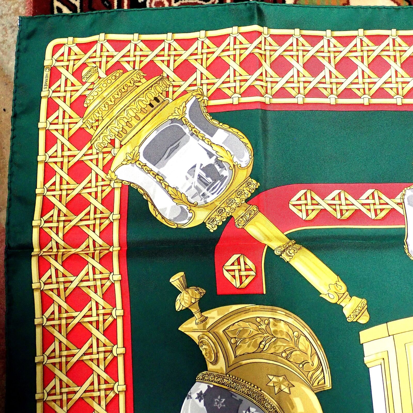 Authentic RARE! Hermes Feux De Route Vintage 90cm Green Red Silk Scarf | Fortrove