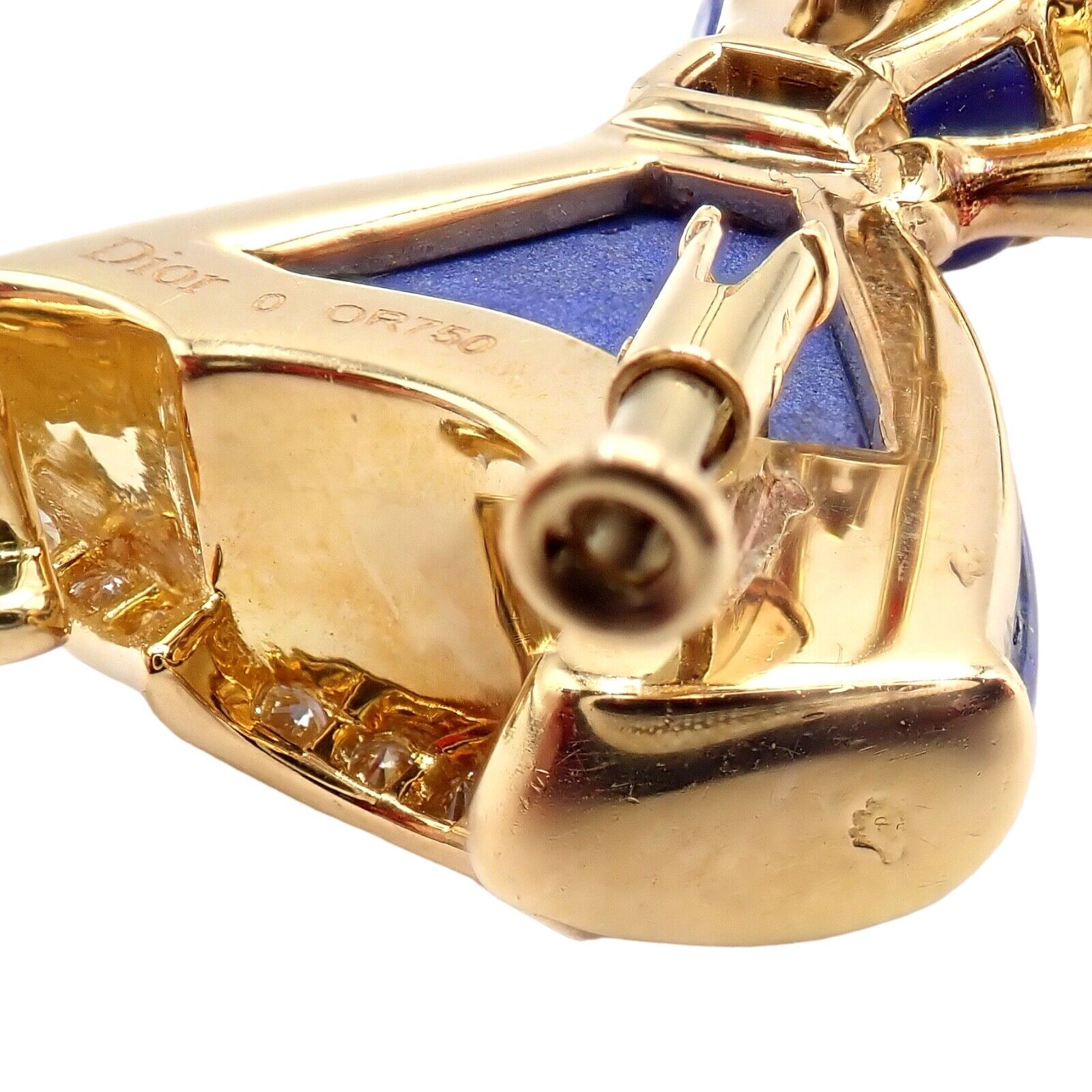 Authentic! Christian Dior 18k Yellow Gold Diamond Lapis Lady Dior Brooch Pendant | Fortrove