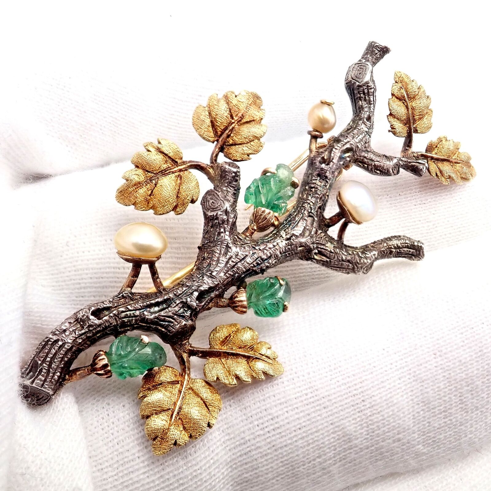 Vintage Buccellati 18k White Yellow Gold Carved Emerald Branch Twig Brooch Pin | Fortrove