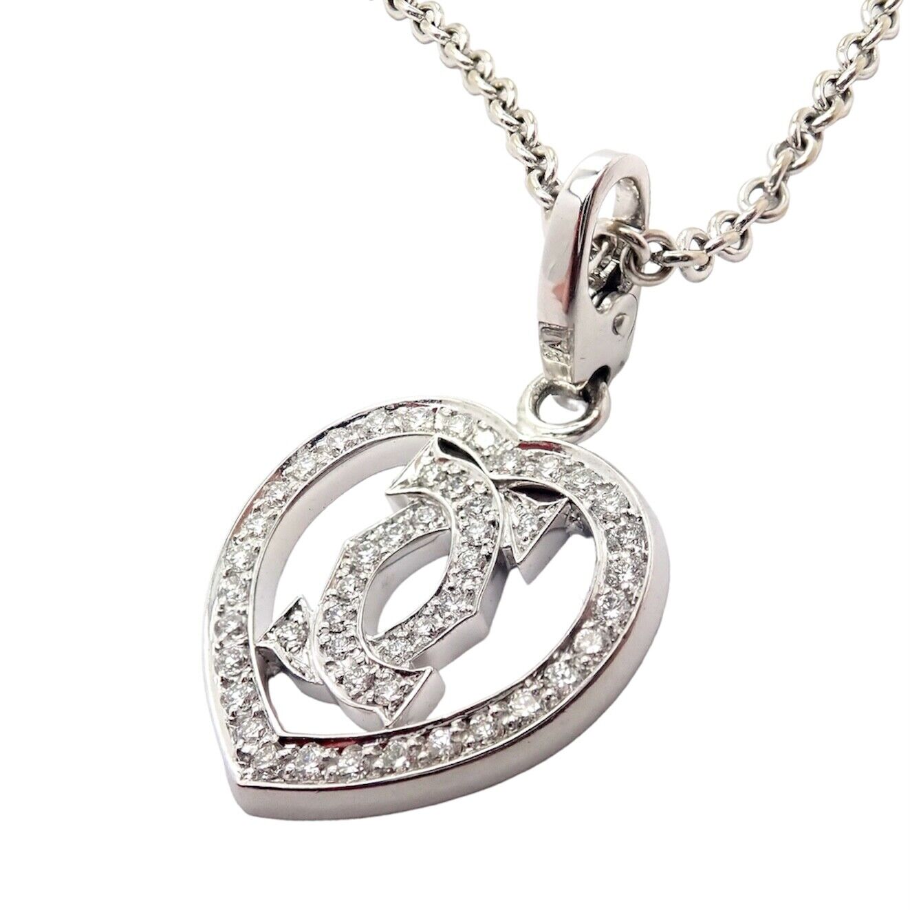 Authentic! Cartier Double C Heart 18k White Gold Diamond Pendant Necklace | Fortrove