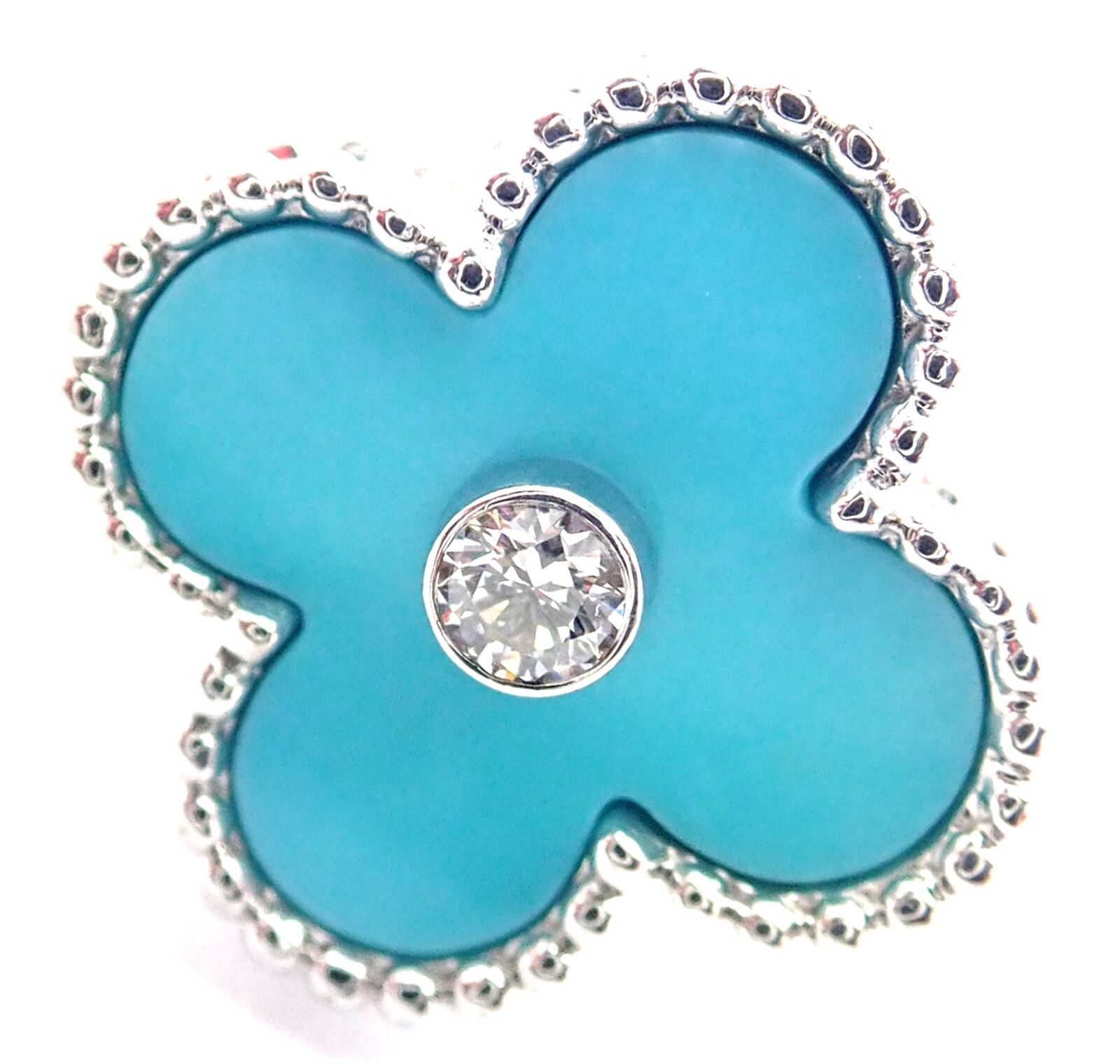 Authentic! Van Cleef & Arpels Alhambra 18k White Gold Diamond Turquoise Ring | Fortrove