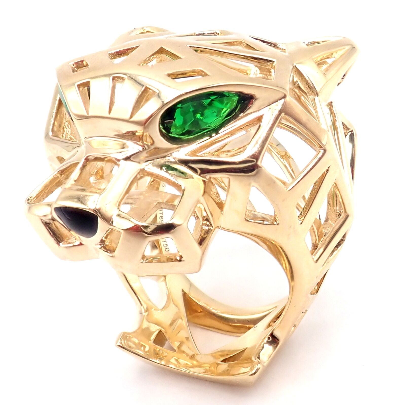 Authentic! Cartier Panther Panthere 18k Yellow Gold Tsavorite Onyx Large Ring | Fortrove