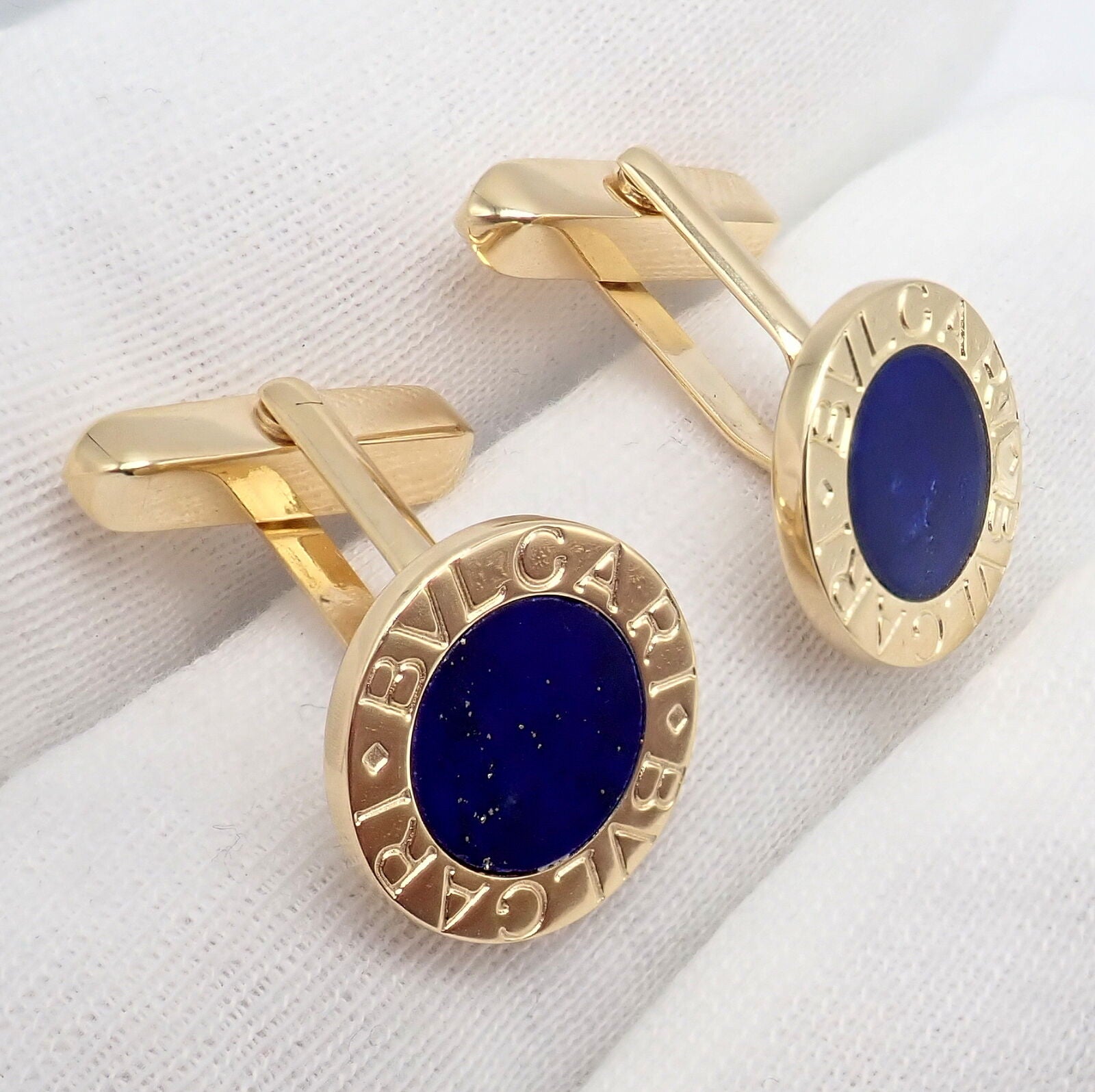 Authentic! Bvlgari Bulgari 18k Yellow Gold Lapis Lazuli Cufflinks | Fortrove