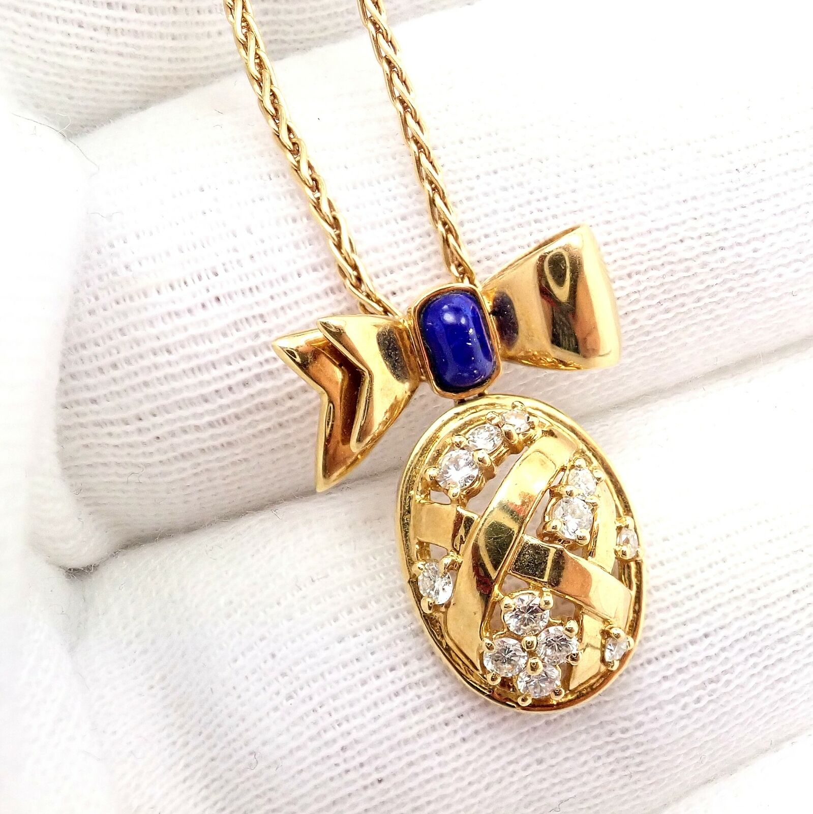 Authentic! Christian Dior 18k Yellow Gold Lapis Diamond Egg Pendant Necklace | Fortrove