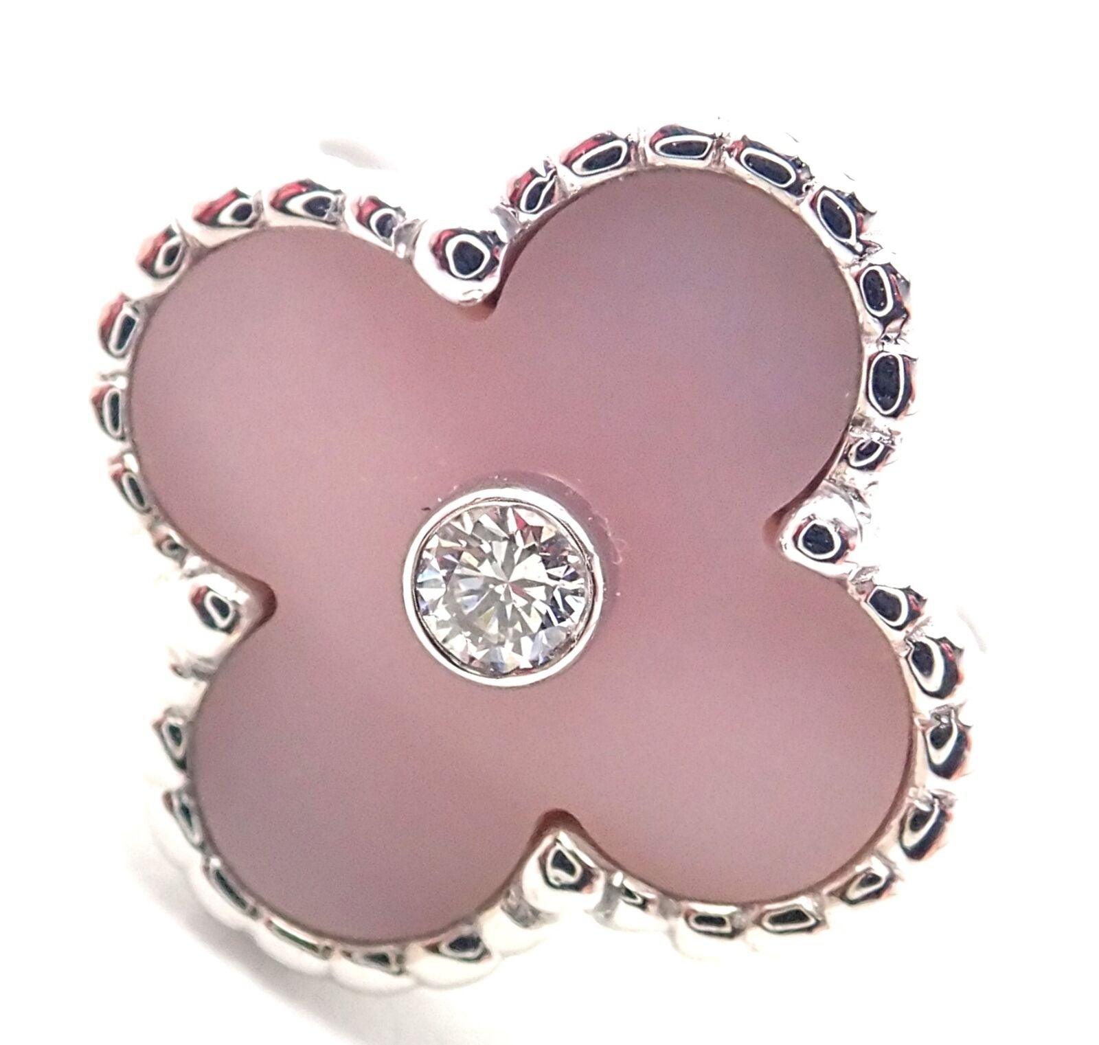 Authentic Van Cleef & Arpels Alhambra 18k White Gold Pink Opal Diamond Ring Cert | Fortrove