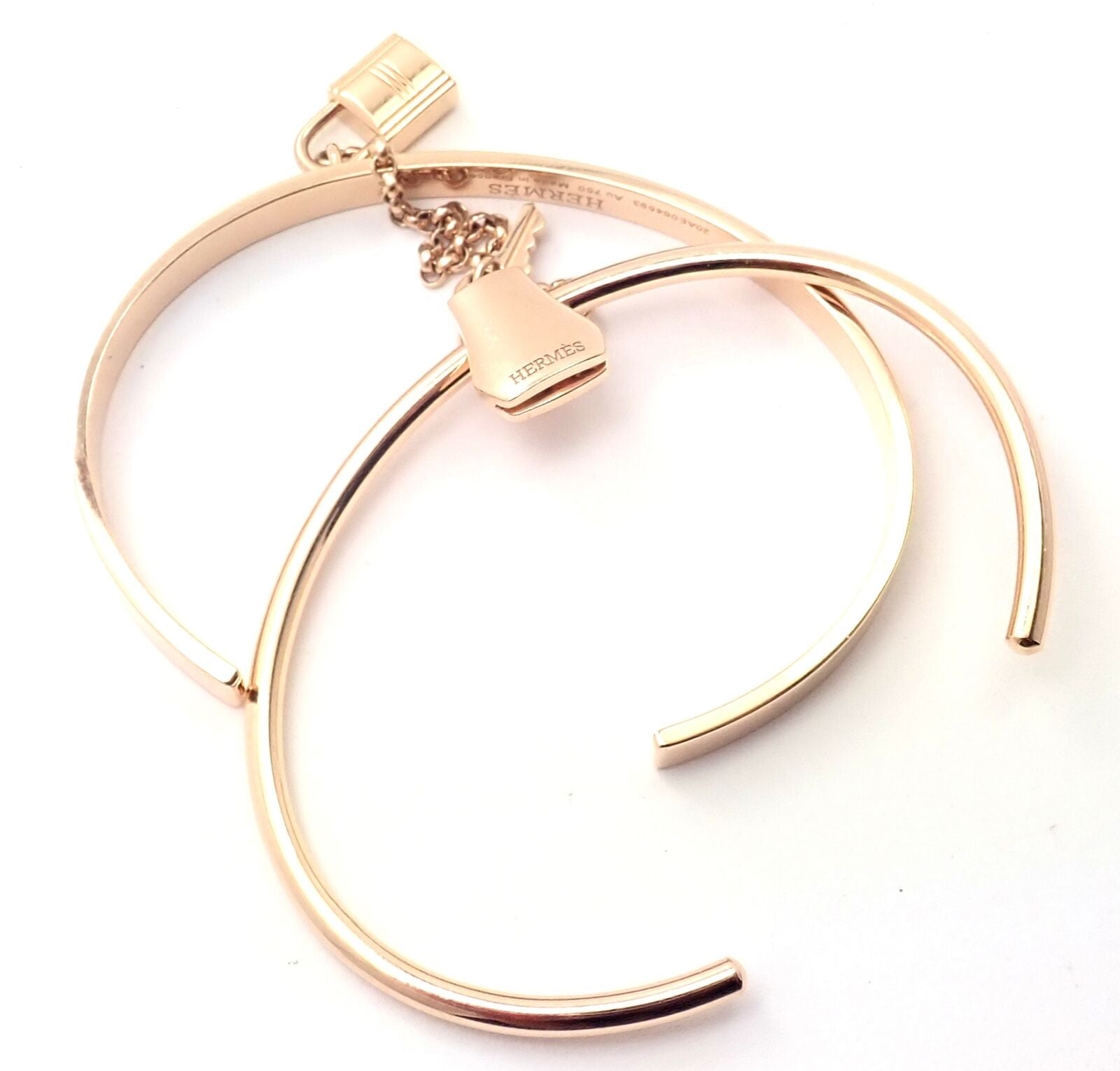 Authentic! Hermes 18K Rose Gold Kelly Clochette Double Cuff Bangle Bracelet | Fortrove