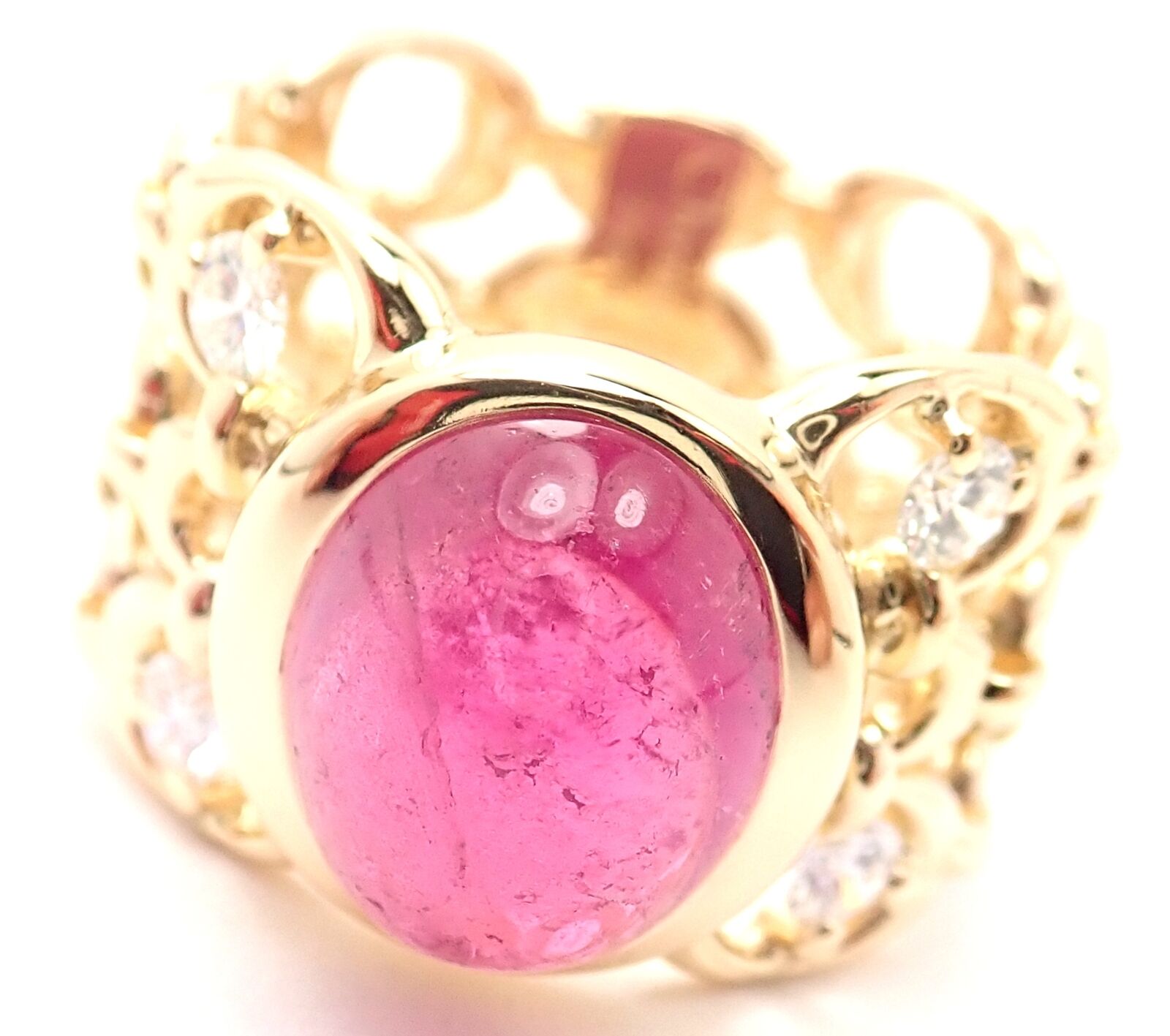 Authentic Christian Dior 18k Yellow Gold Diamond Large Pink Tourmaline Band Ring | Fortrove