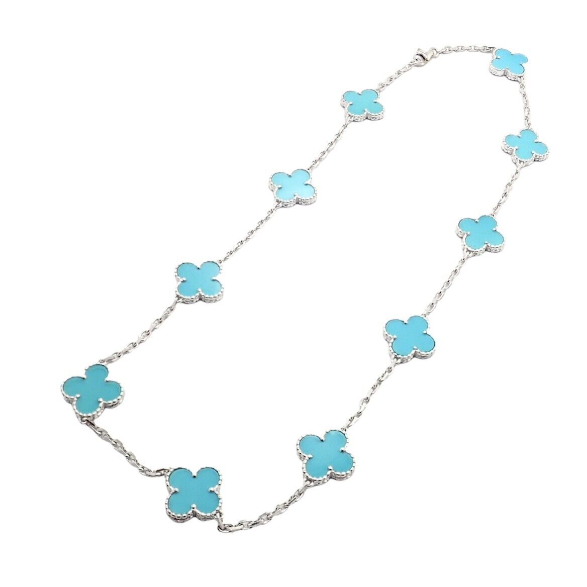 Van Cleef & Arpels Jewelry & Watches:Fine Jewelry:Necklaces & Pendants Van Cleef & Arpels 18k White Gold 10 Motif Alhambra Turquoise Necklace + Paper