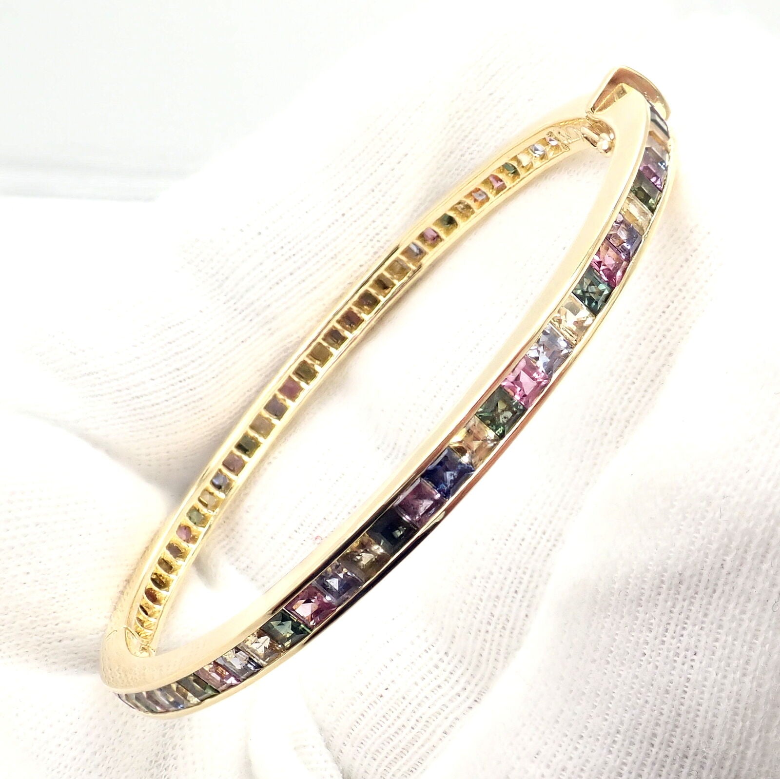 Authentic! Julius Cohen 18k Yellow Gold Diamond Pastel Color Stone Cuff Bracelet | Fortrove