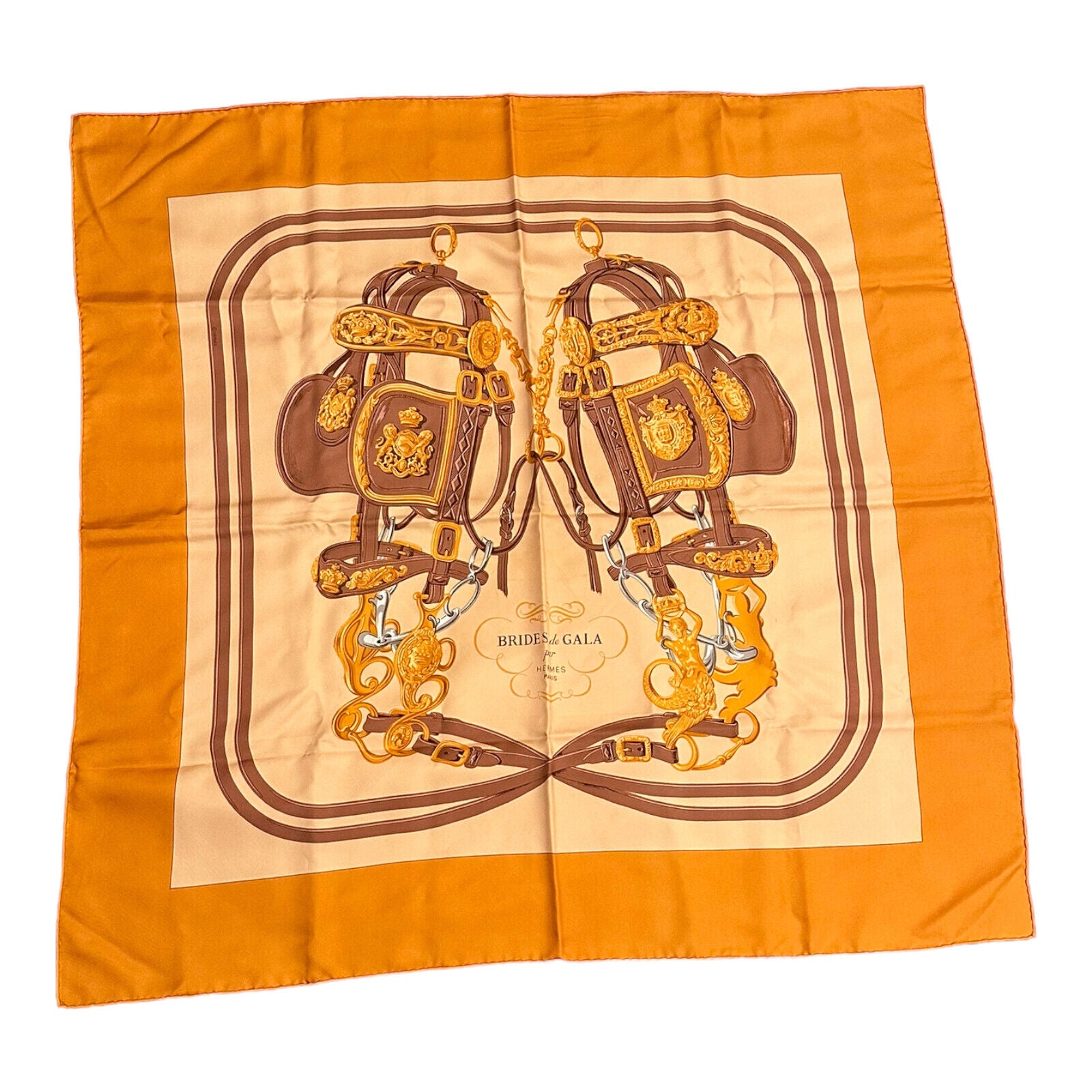Authentic! Hermes Brides De Gala 90cm Orange Brown Silk Scarf | Fortrove