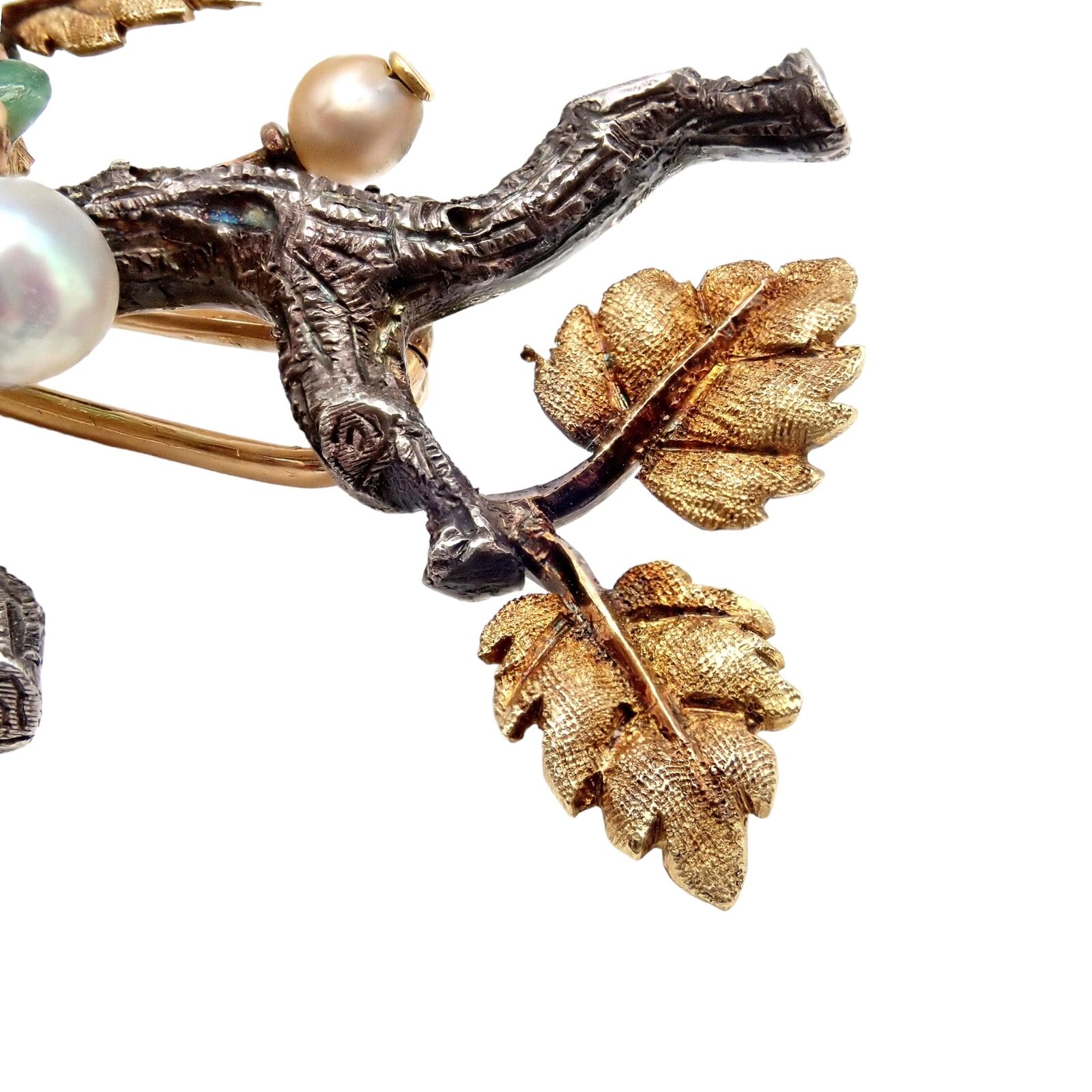 Vintage Buccellati 18k White Yellow Gold Carved Emerald Branch Twig Brooch Pin | Fortrove